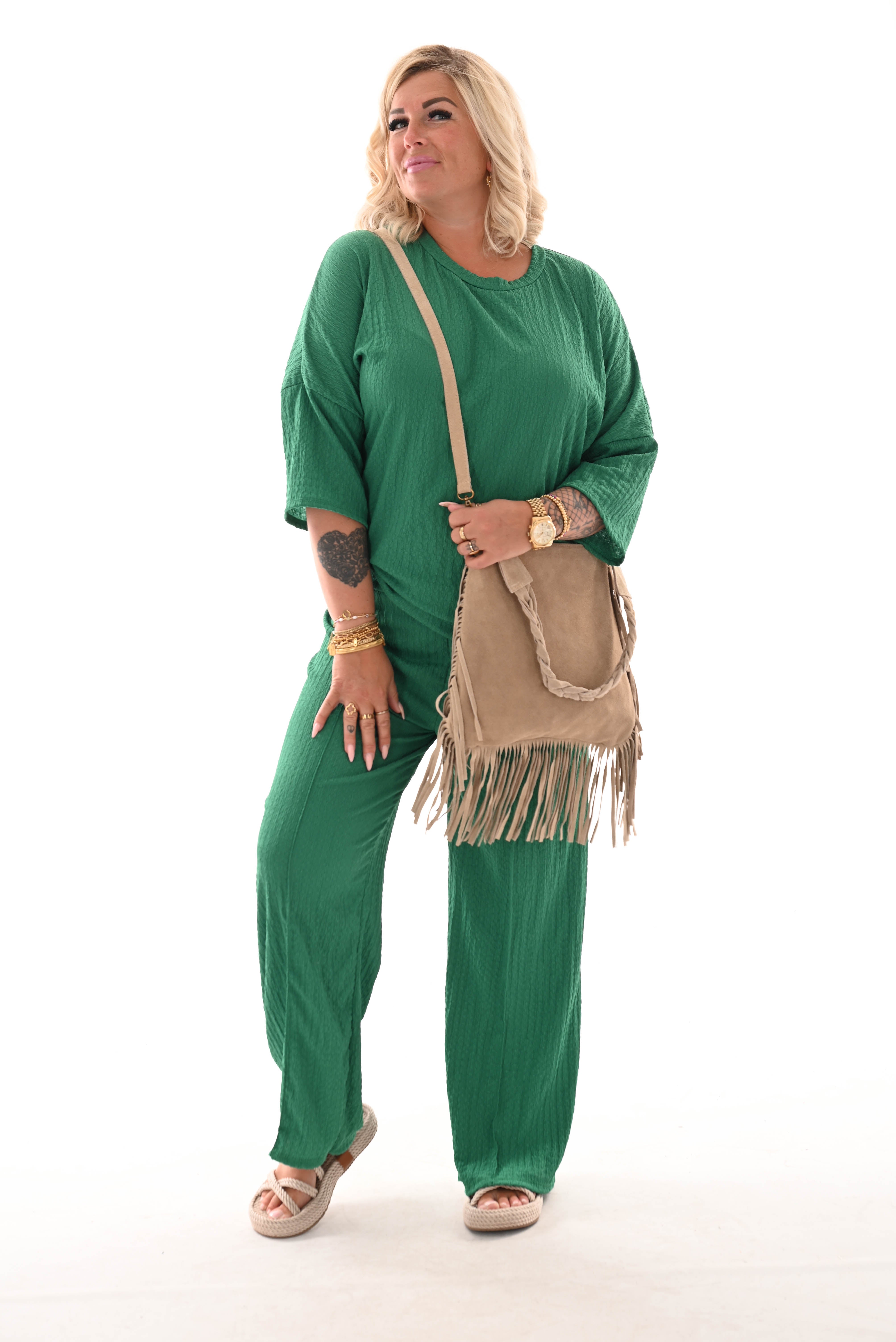 Tweedelig set crepe top 3/4e mouw groen