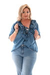 Blouse met roezels v-hals korte mouwen spijker blauw