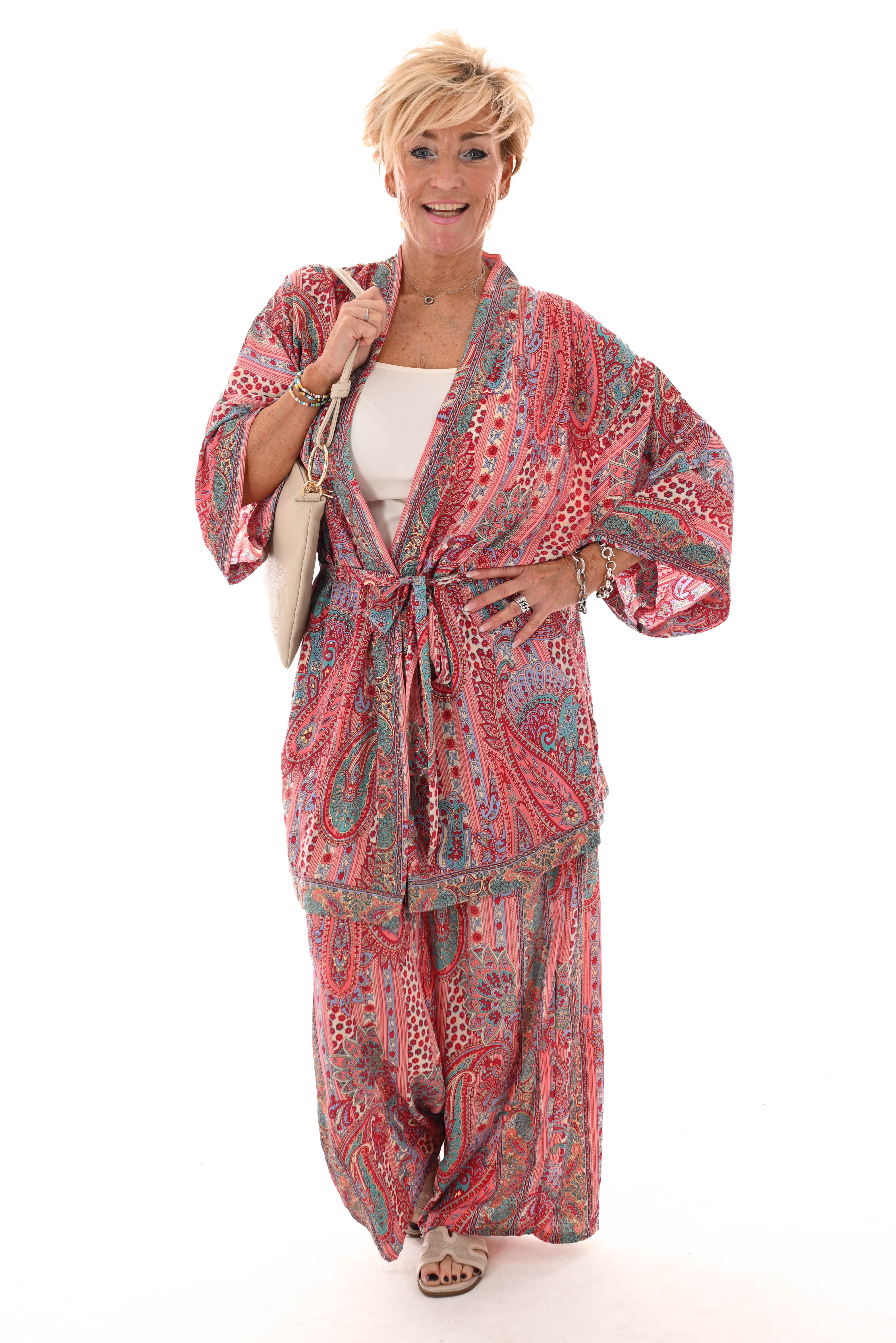 Tweedelig kimono pak paisley rood