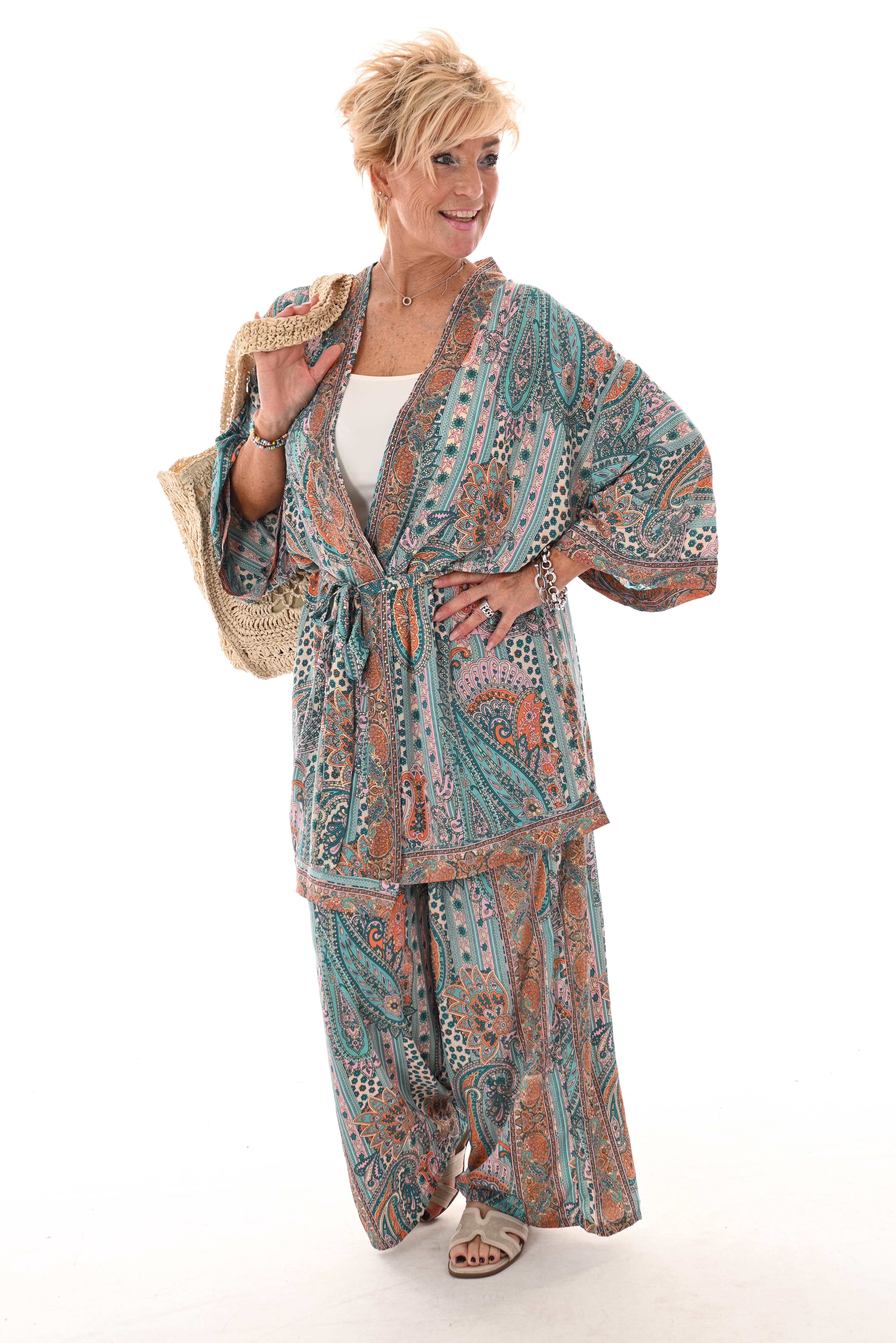 Tweedelig kimono pak paisley turquoise