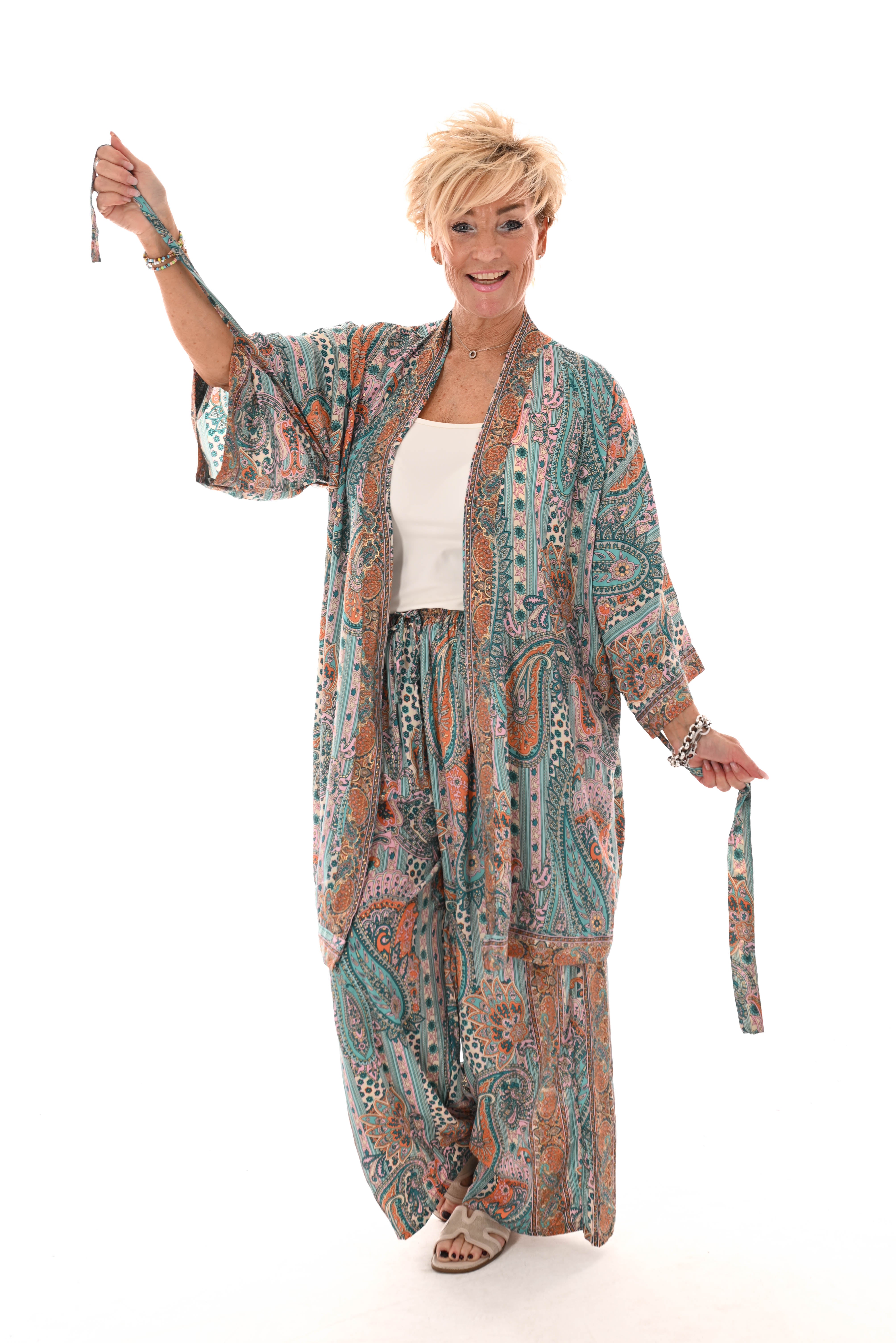 Tweedelig kimono pak paisley turquoise