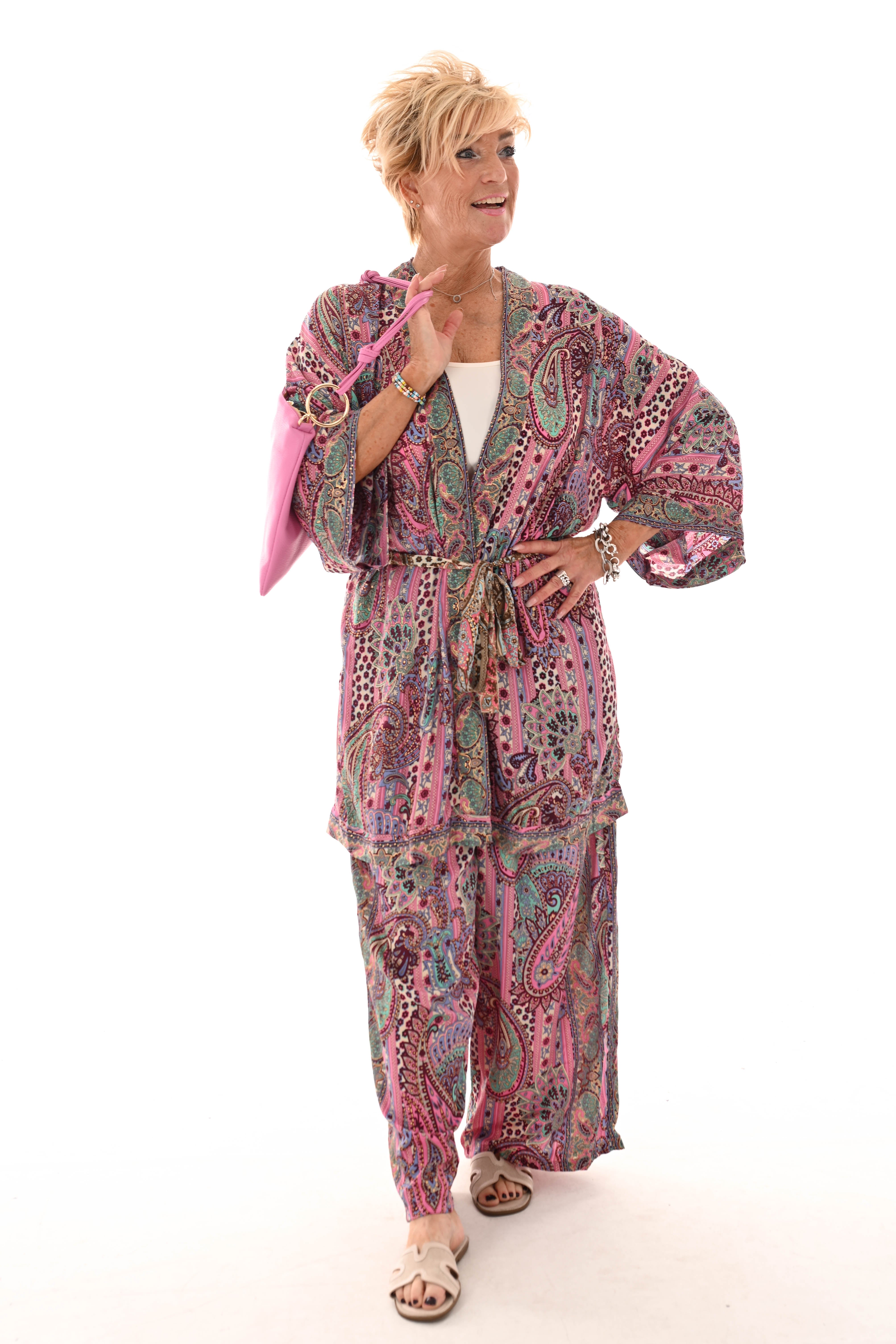 Tweedelig kimono pak paisley lila