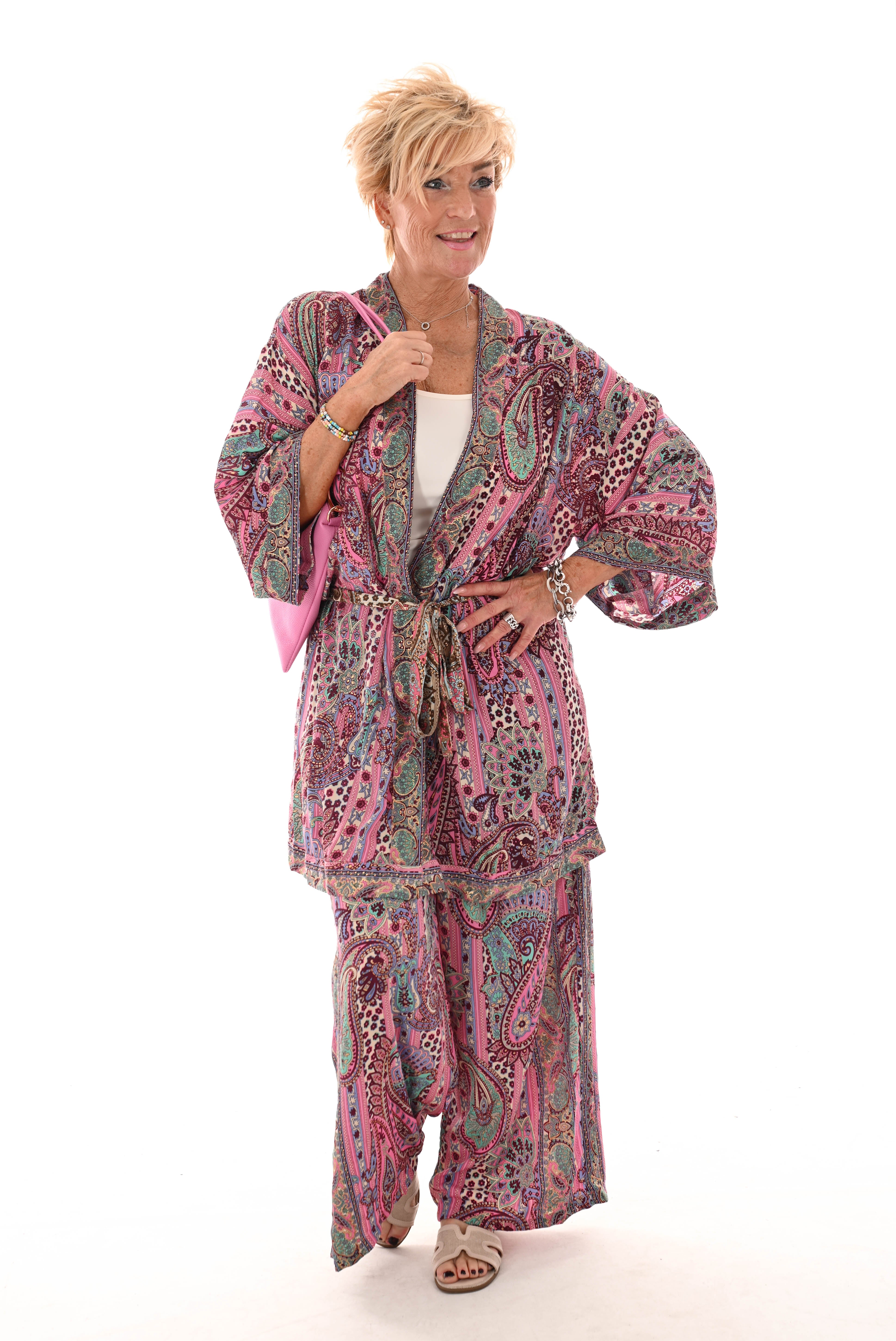 Tweedelig kimono pak paisley lila