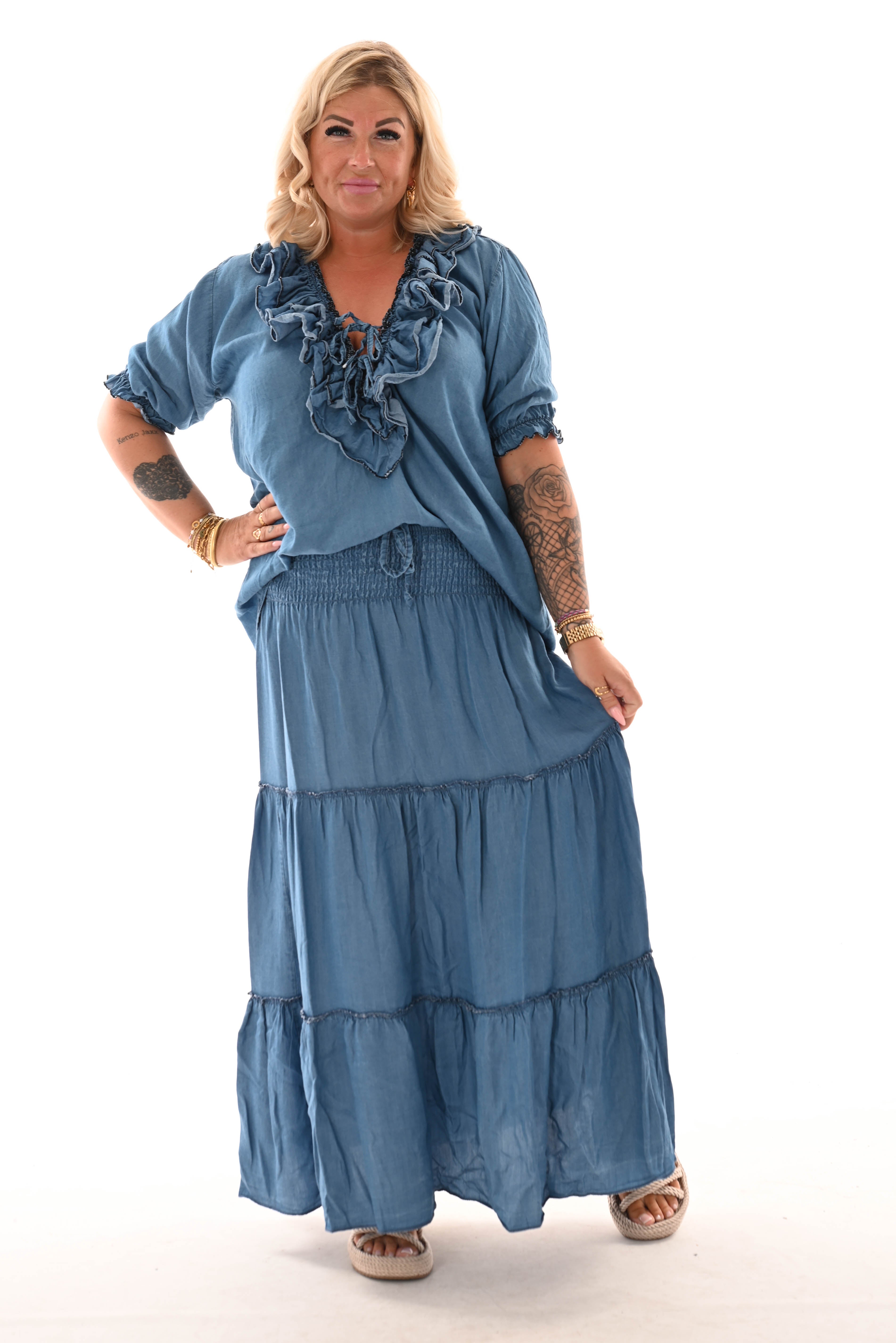 Rok met stroken elastieken band blauw
