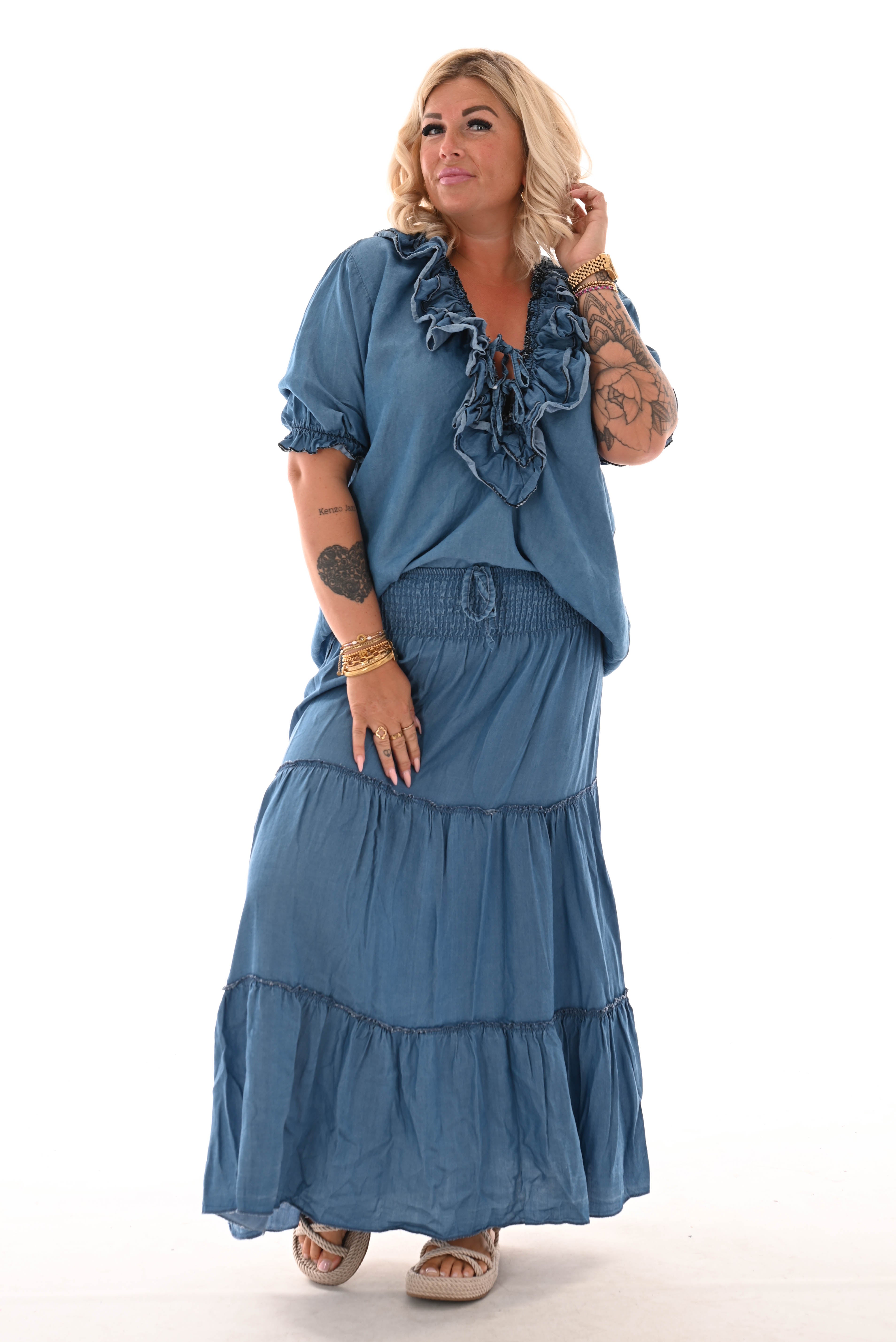Rok met stroken elastieken band blauw