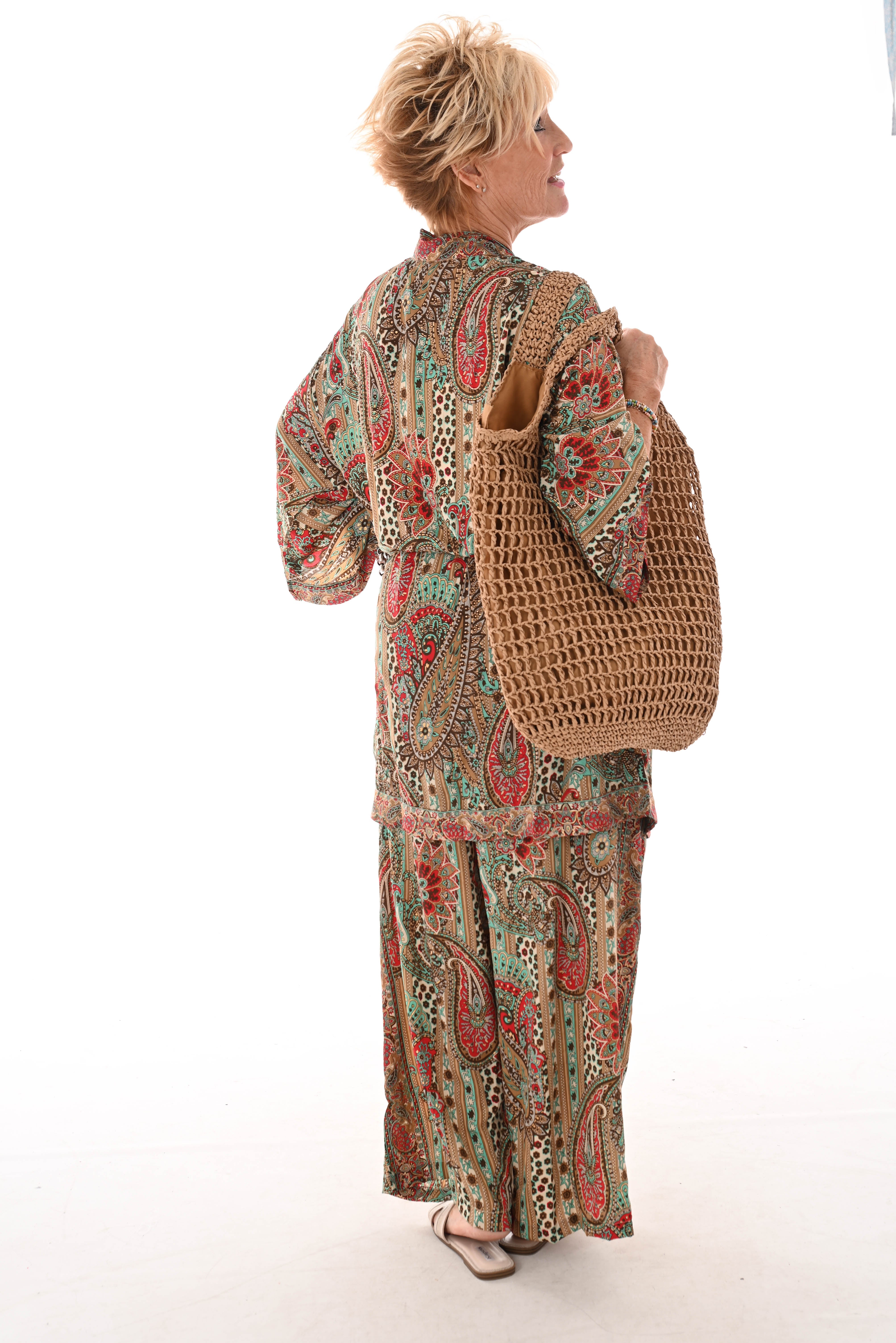 Tweedelig kimono pak paisley beige/groen