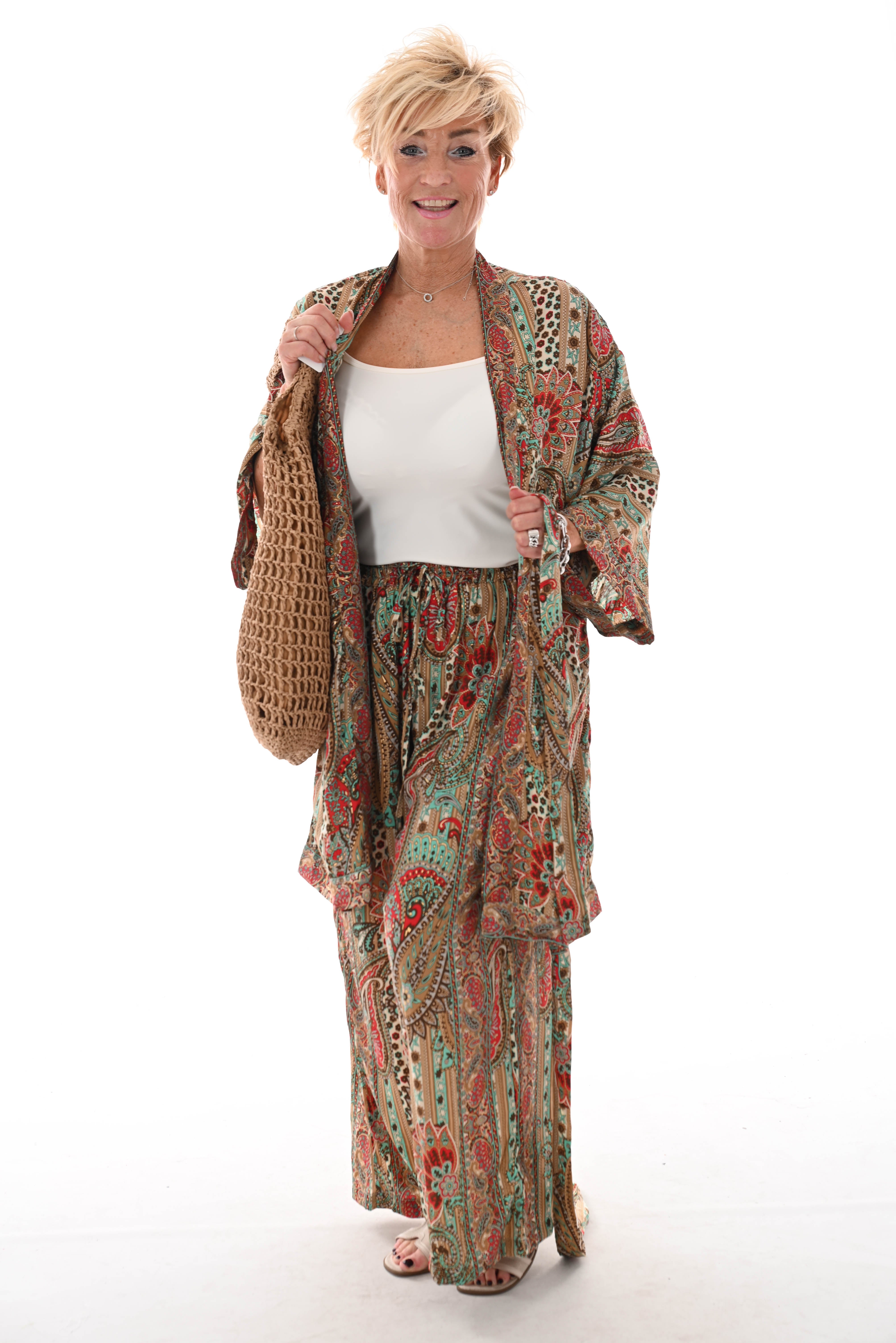 Tweedelig kimono pak paisley beige/groen