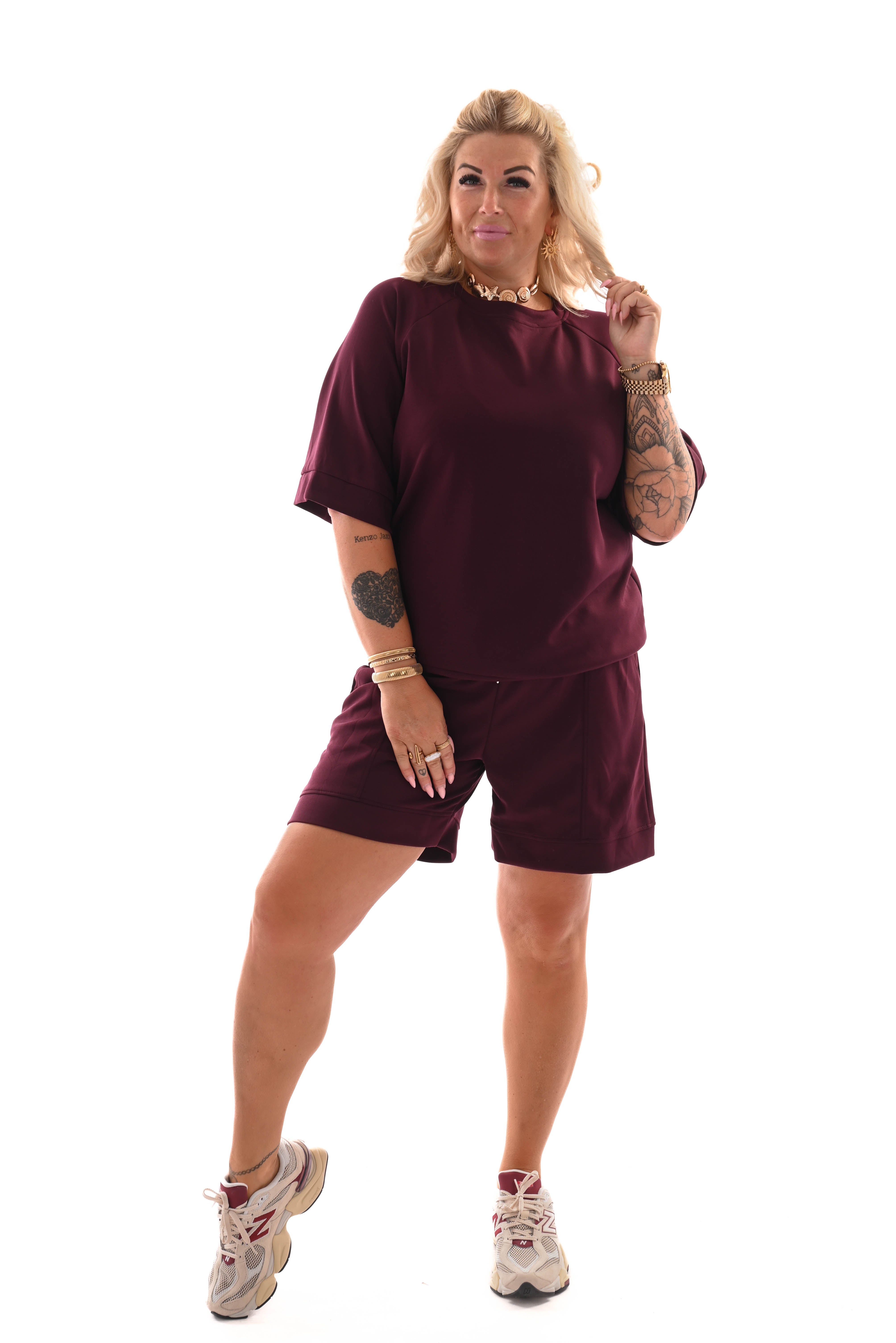 Tweedelig set short uni bordeaux