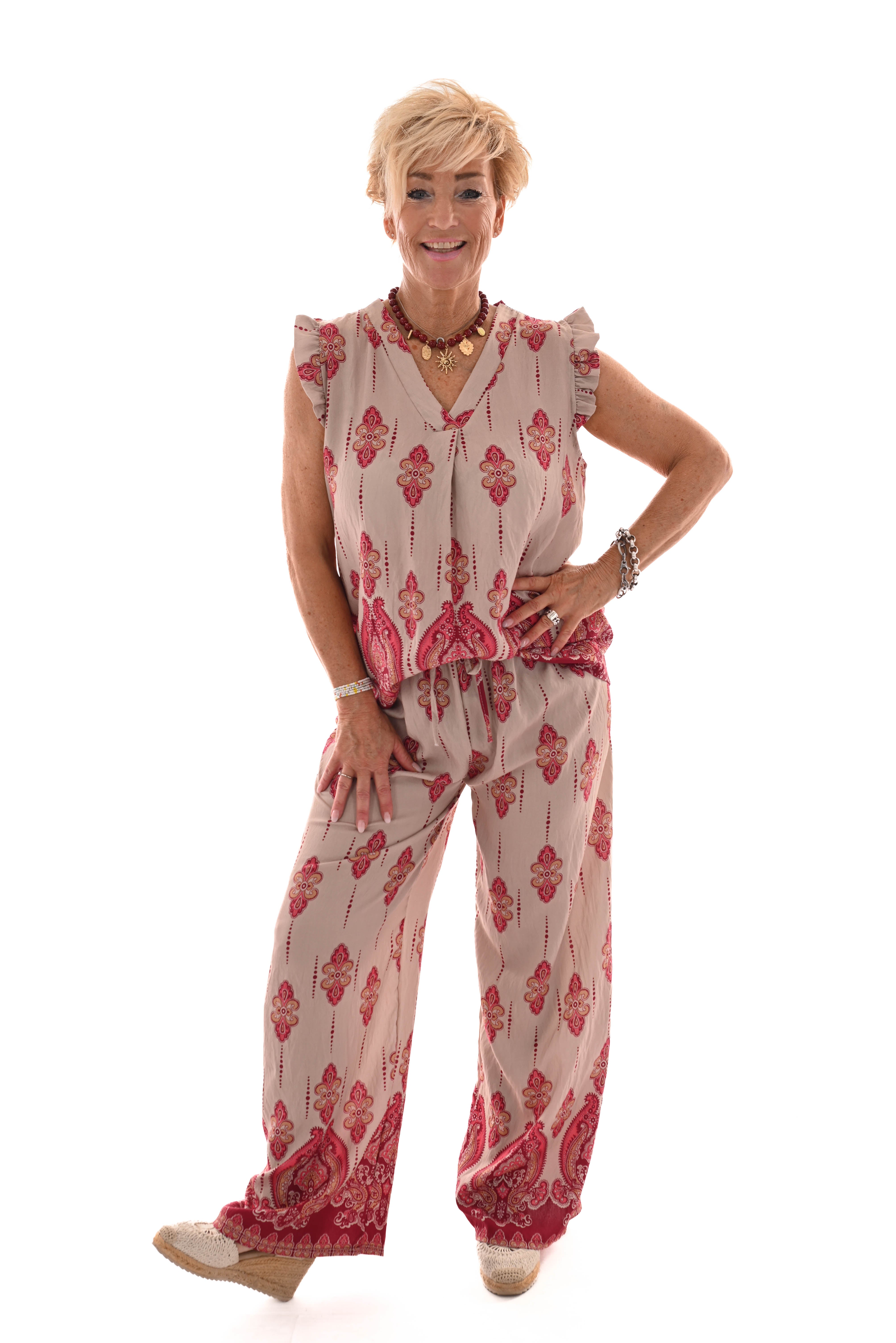 Tweedelig set paisley roezelmouwen bordeaux
