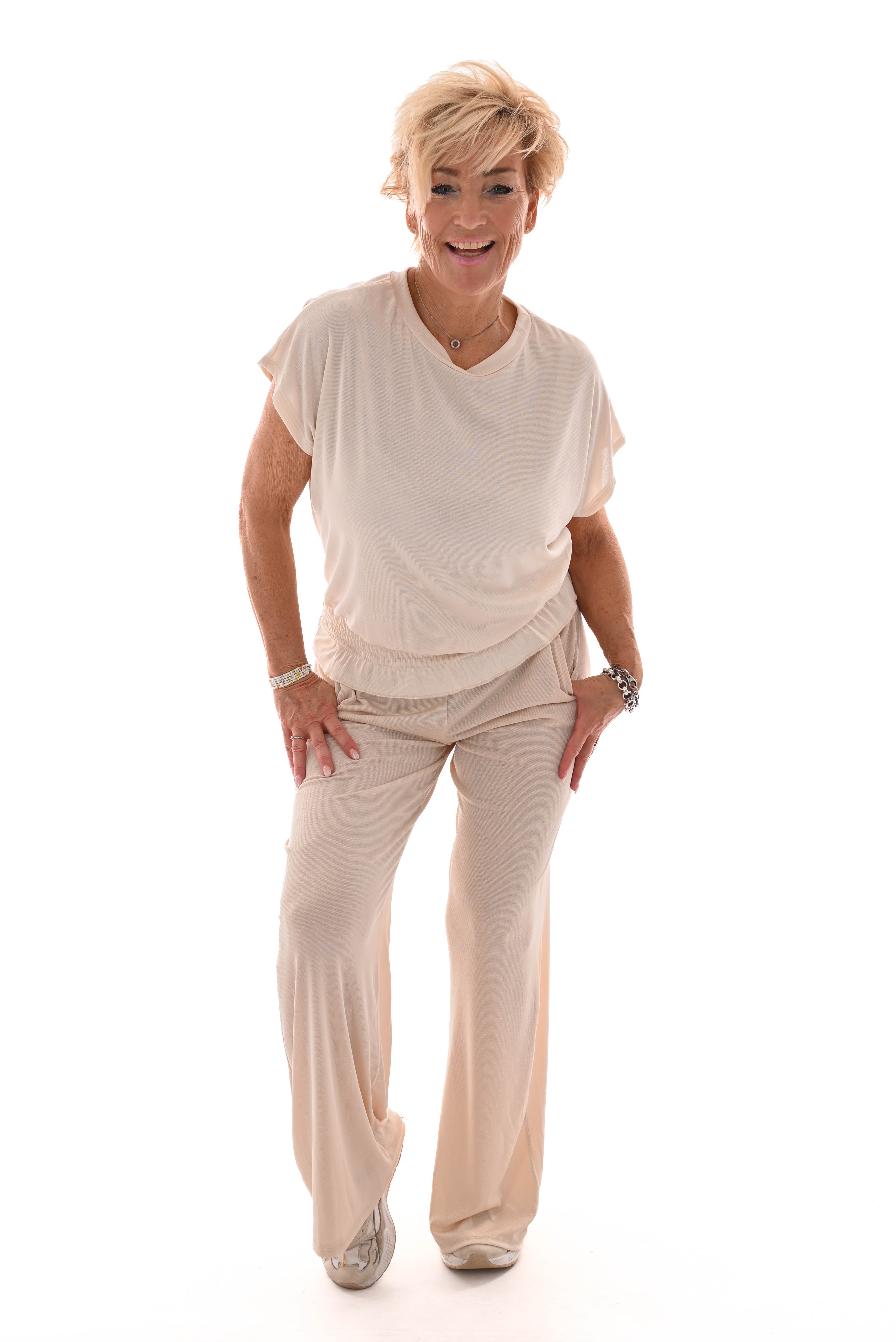 Tweedelig pak top met smock band creme