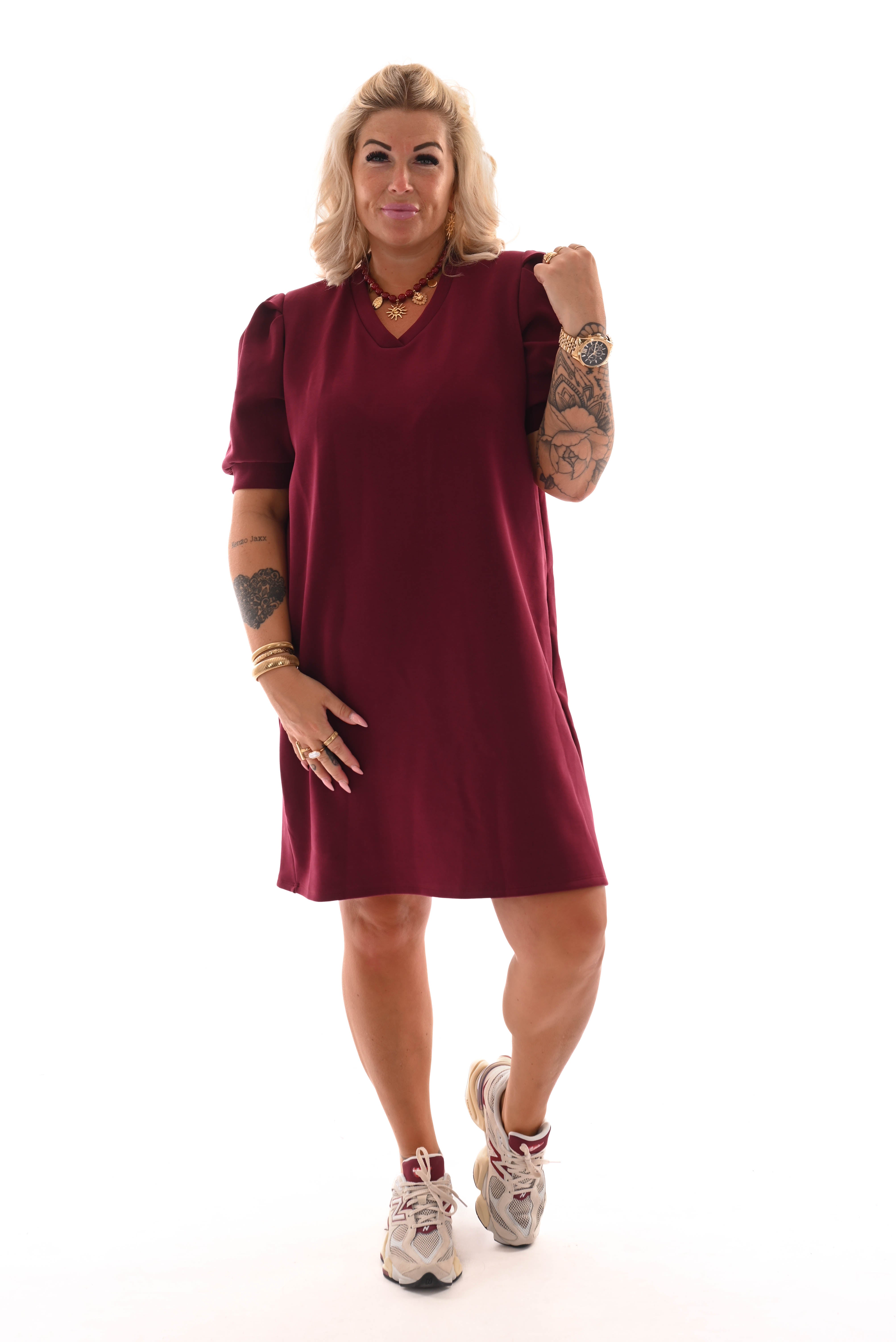 Sweaterdress korte pofmouwen bordeaux