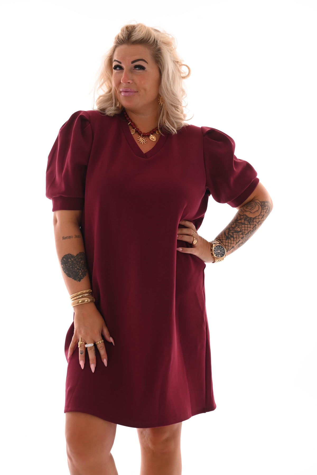 Sweaterdress korte pofmouwen bordeaux