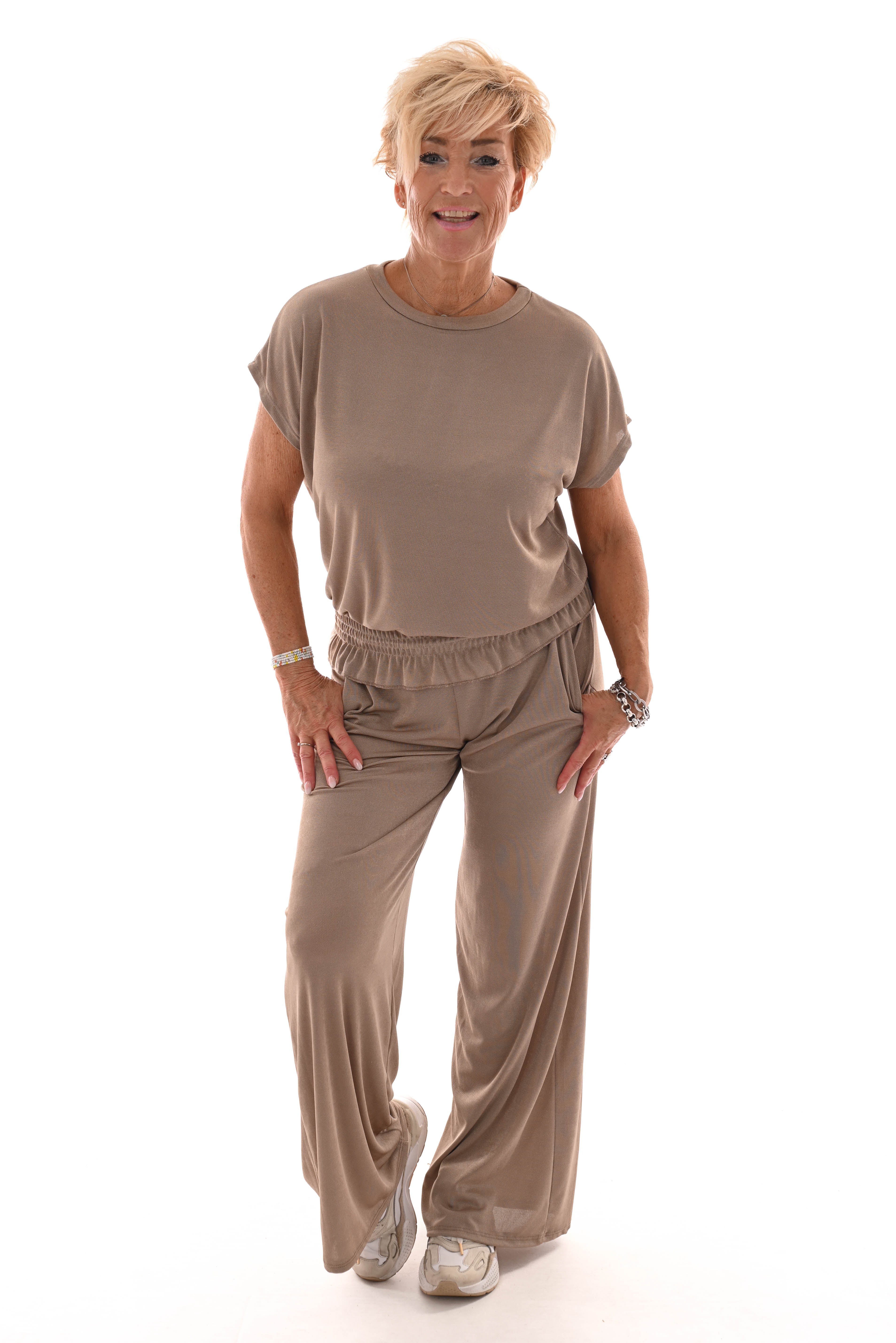 Tweedelig pak top met smock band beige