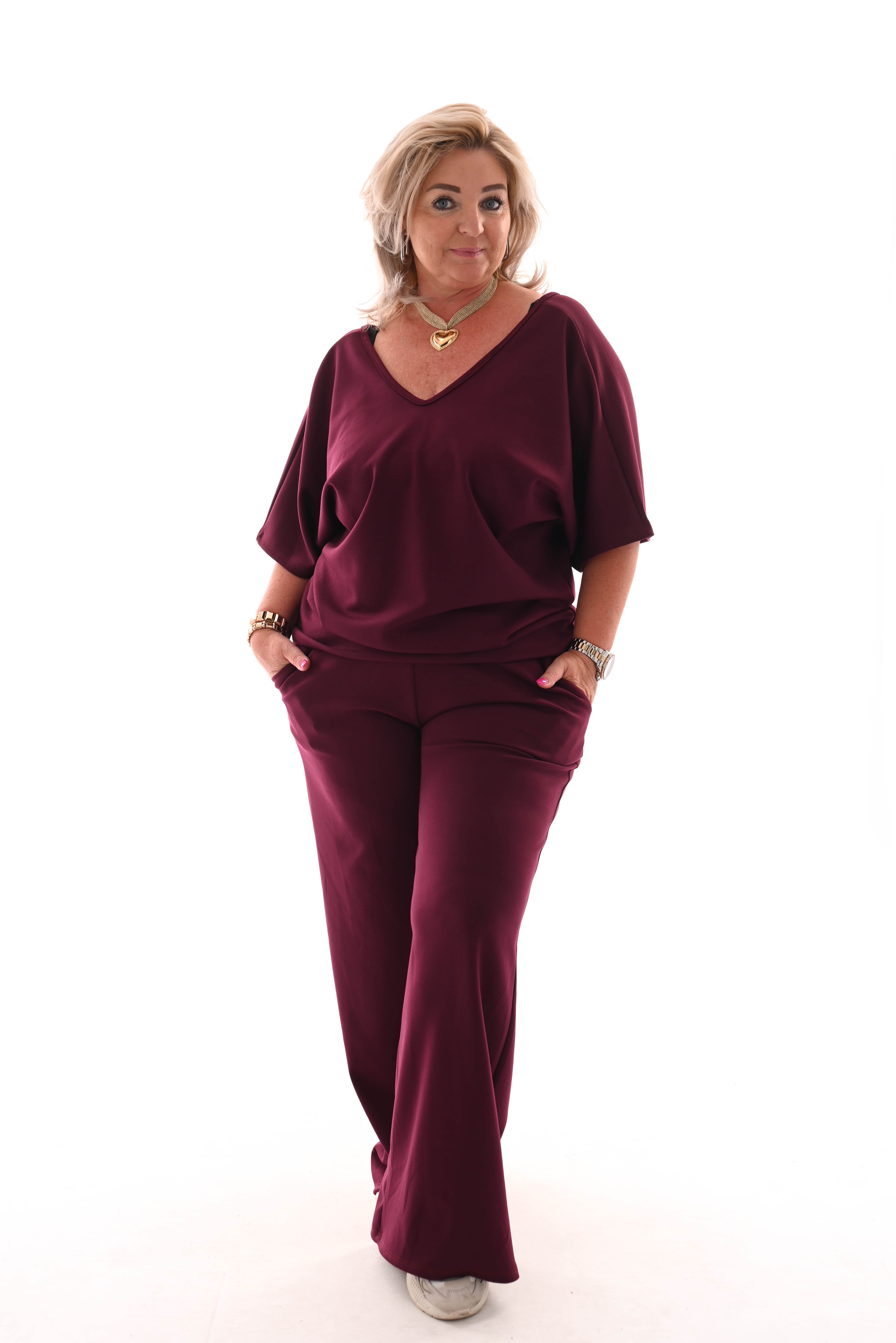 Tweedelig pak top met strik rug uni aubergine