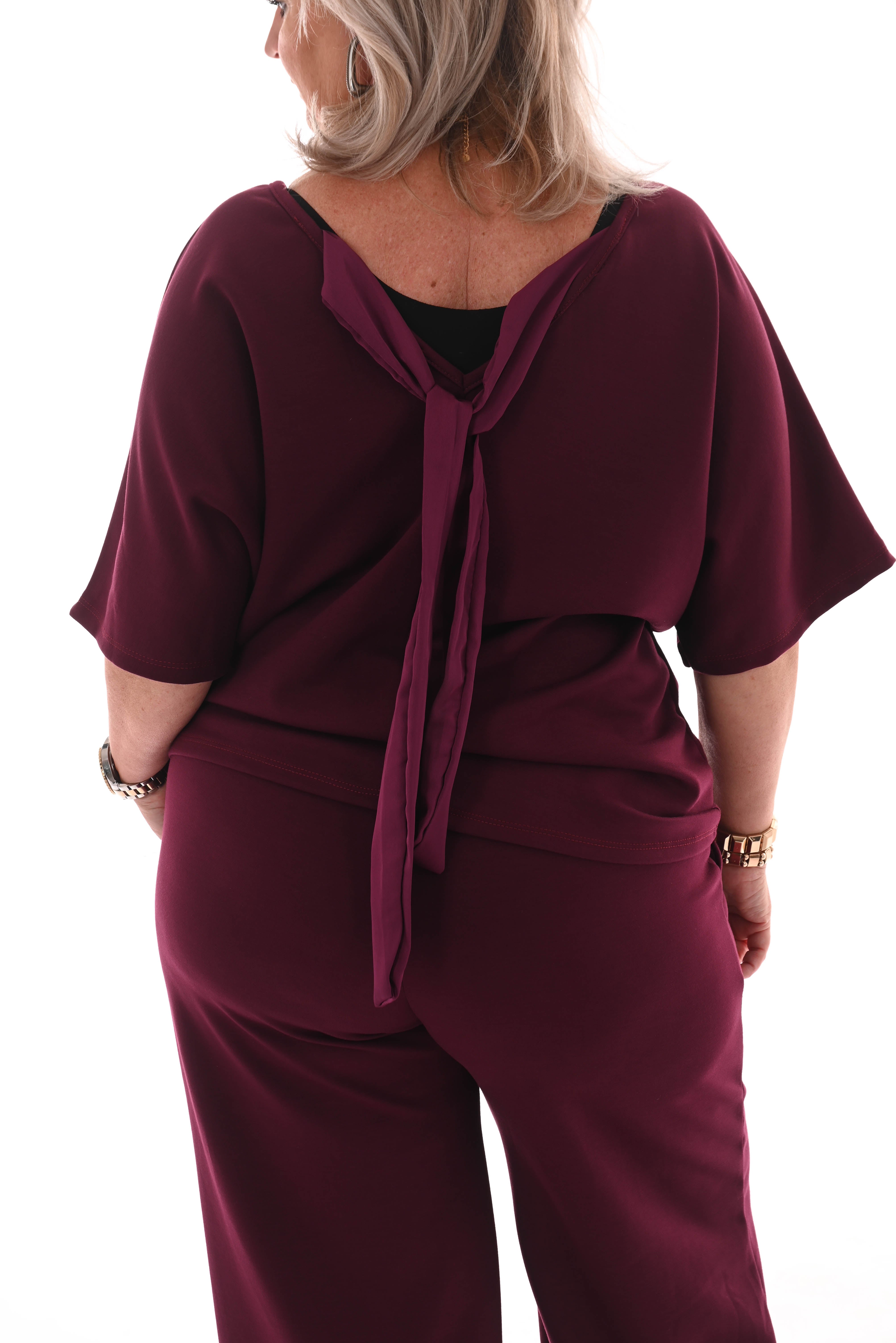 Tweedelig pak top met strik rug uni aubergine