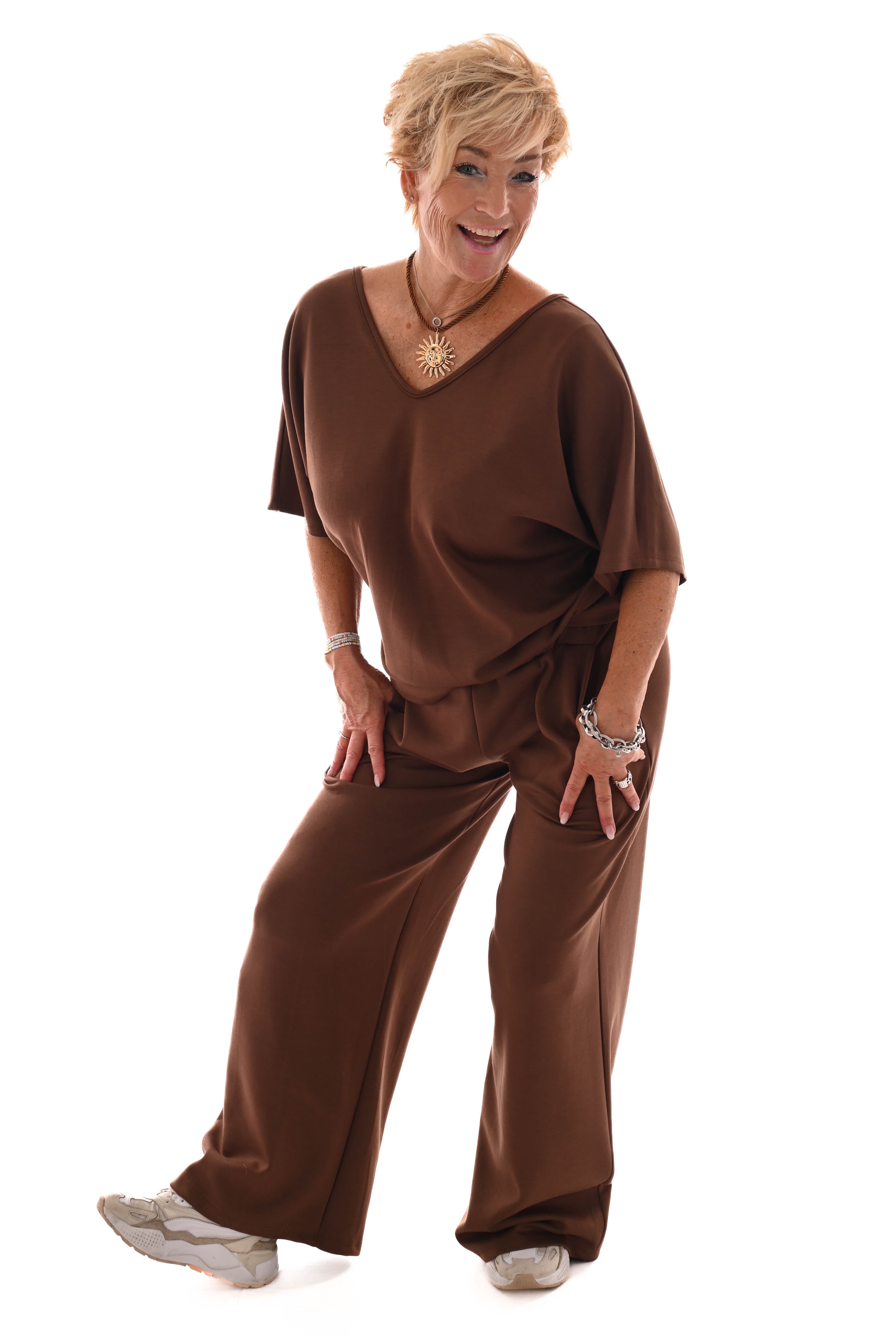 Tweedelig pak top met strik rug uni bruin