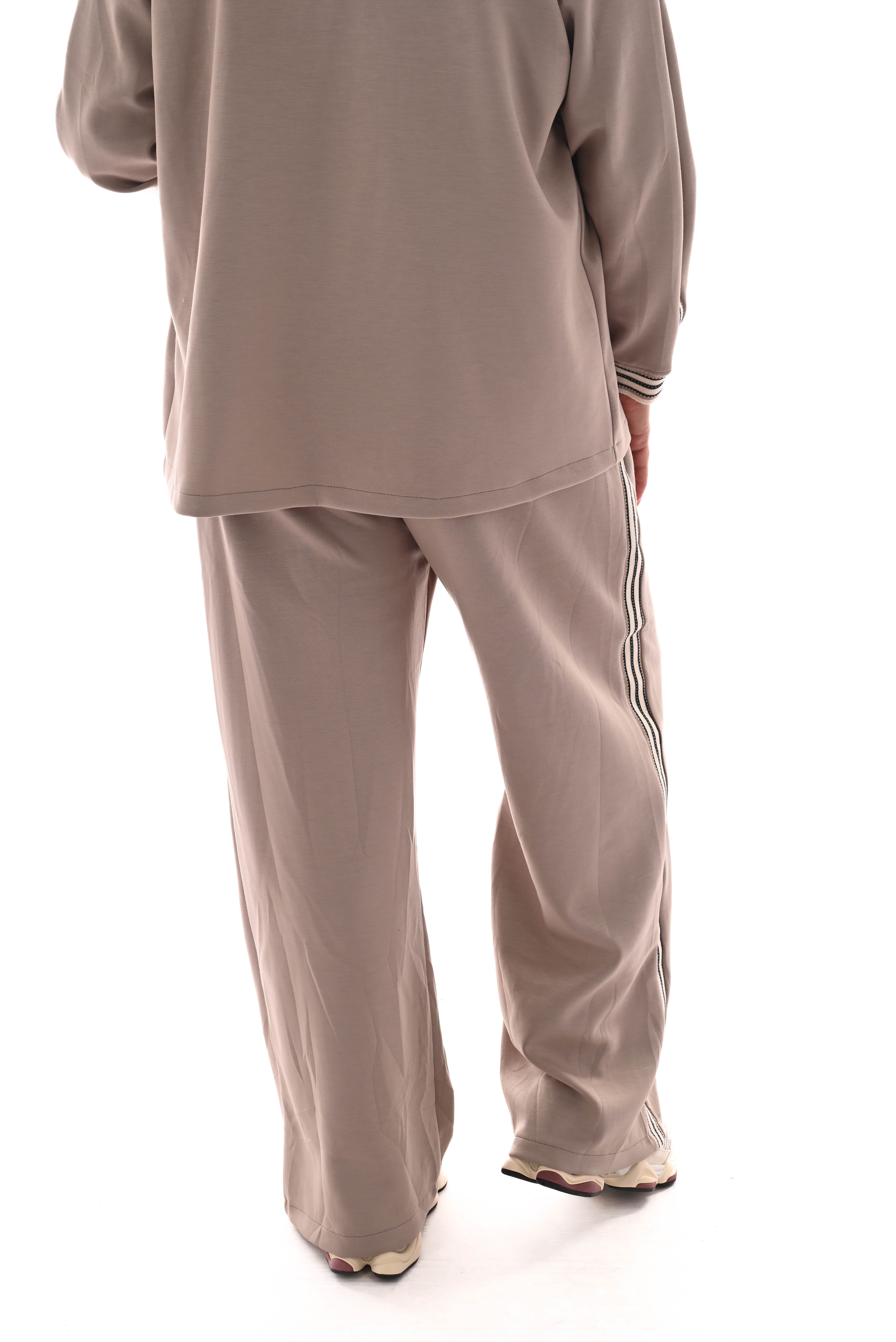 Wijde broek met bies fijne streep taupe