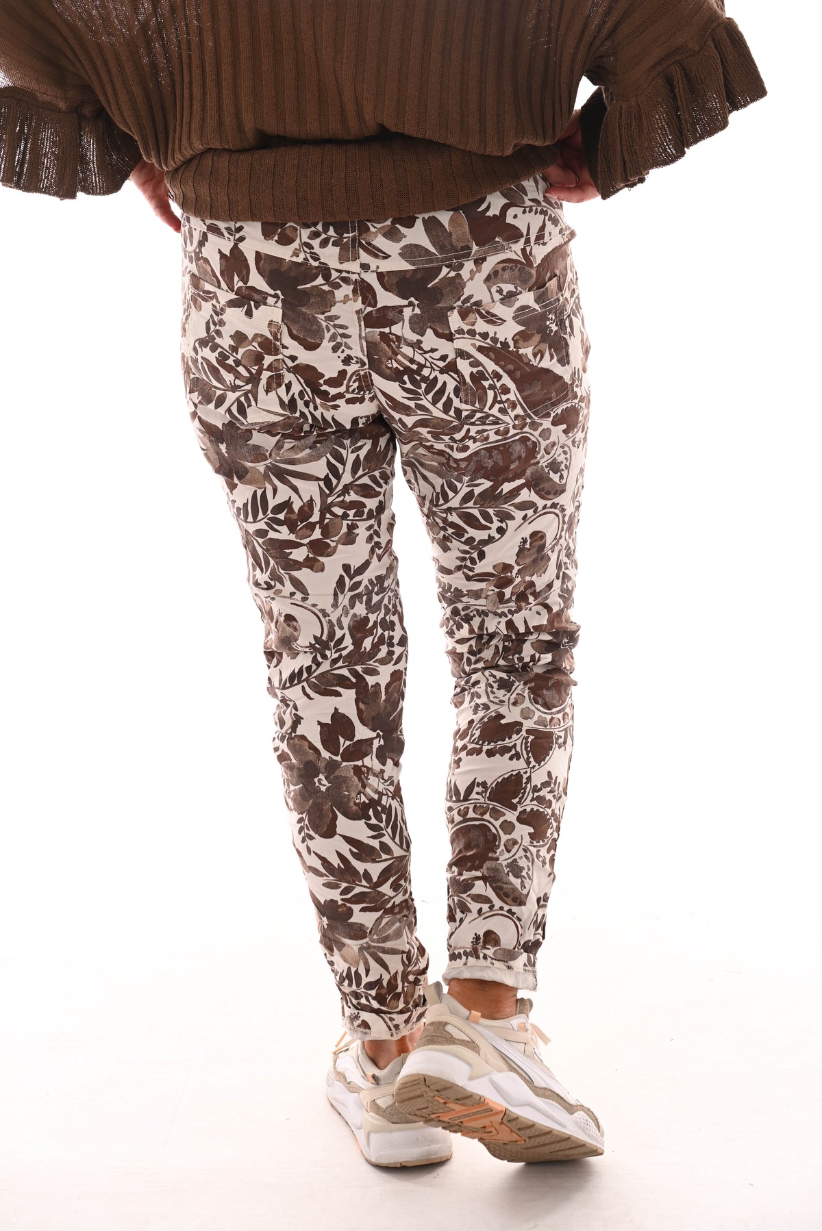 Stretchbroek bloemenprint beige