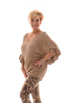 Top rib met trompet roezelmouwen camel
