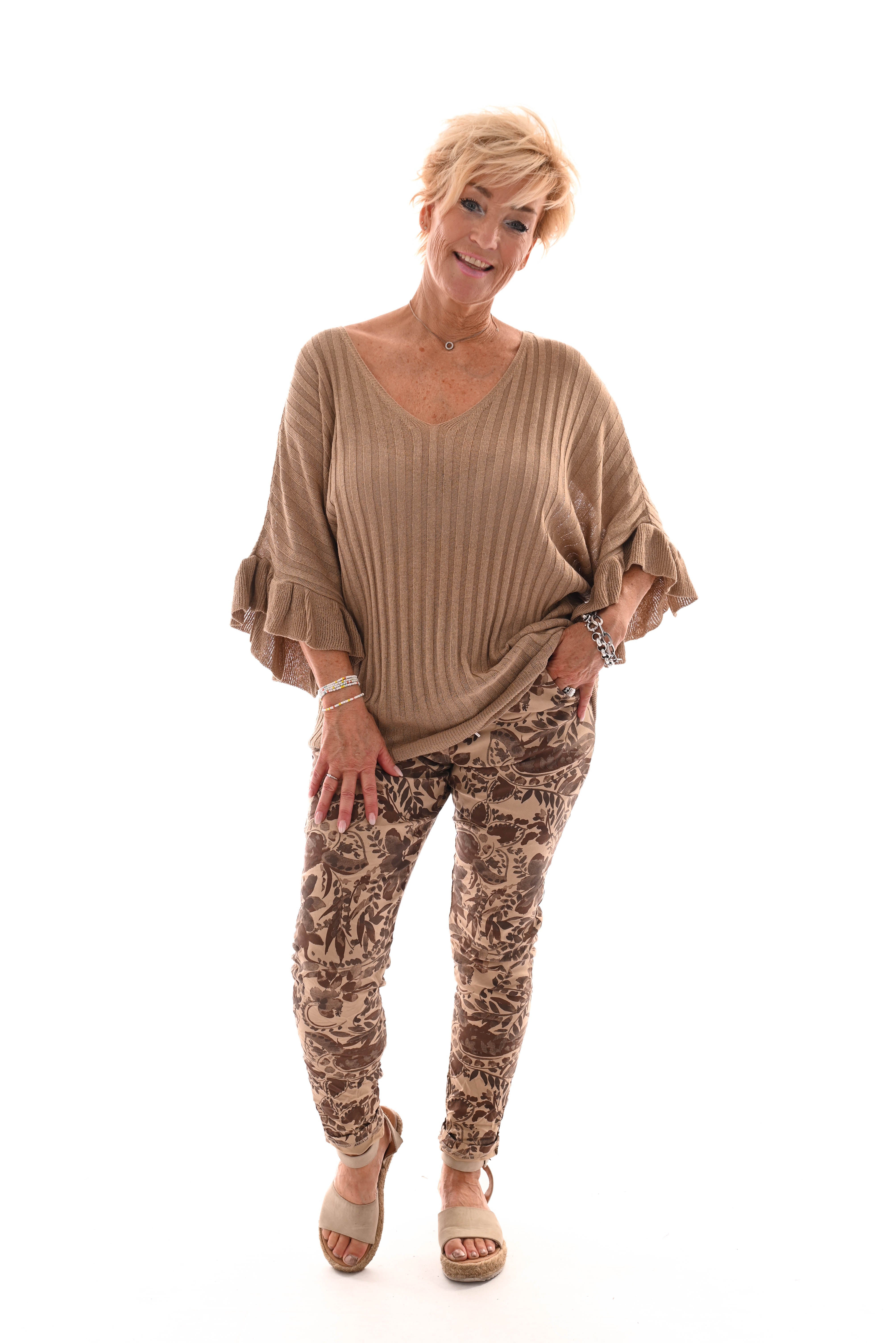Stretchbroek bloemenprint camel