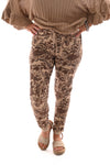 Stretchbroek bloemenprint camel