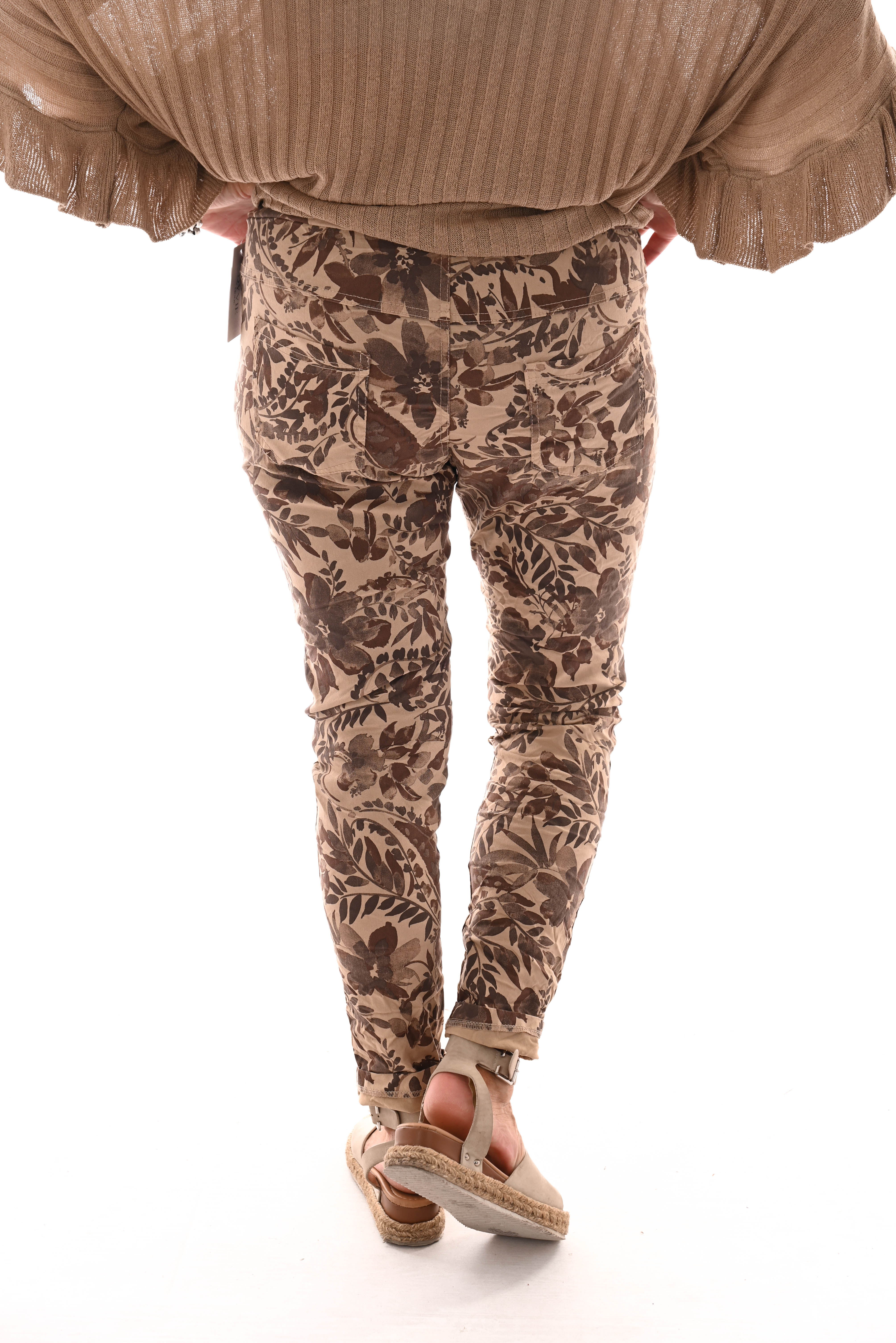 Stretchbroek bloemenprint camel
