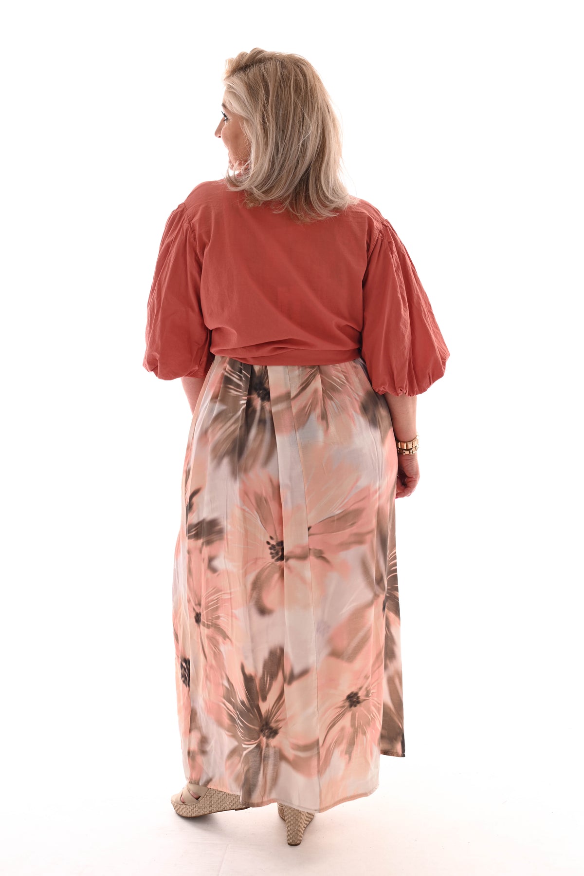 Blouse korte pofmouwen uni koraal