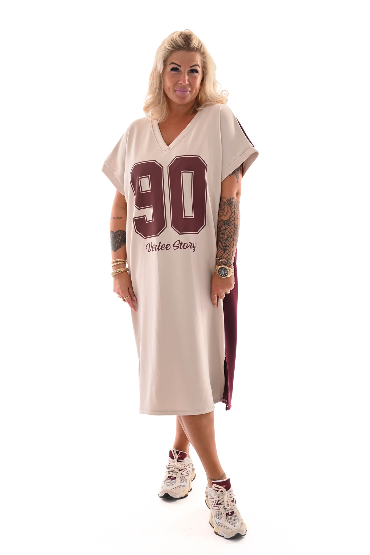 Sweaterdress v-hals 90's beige/bordeaux