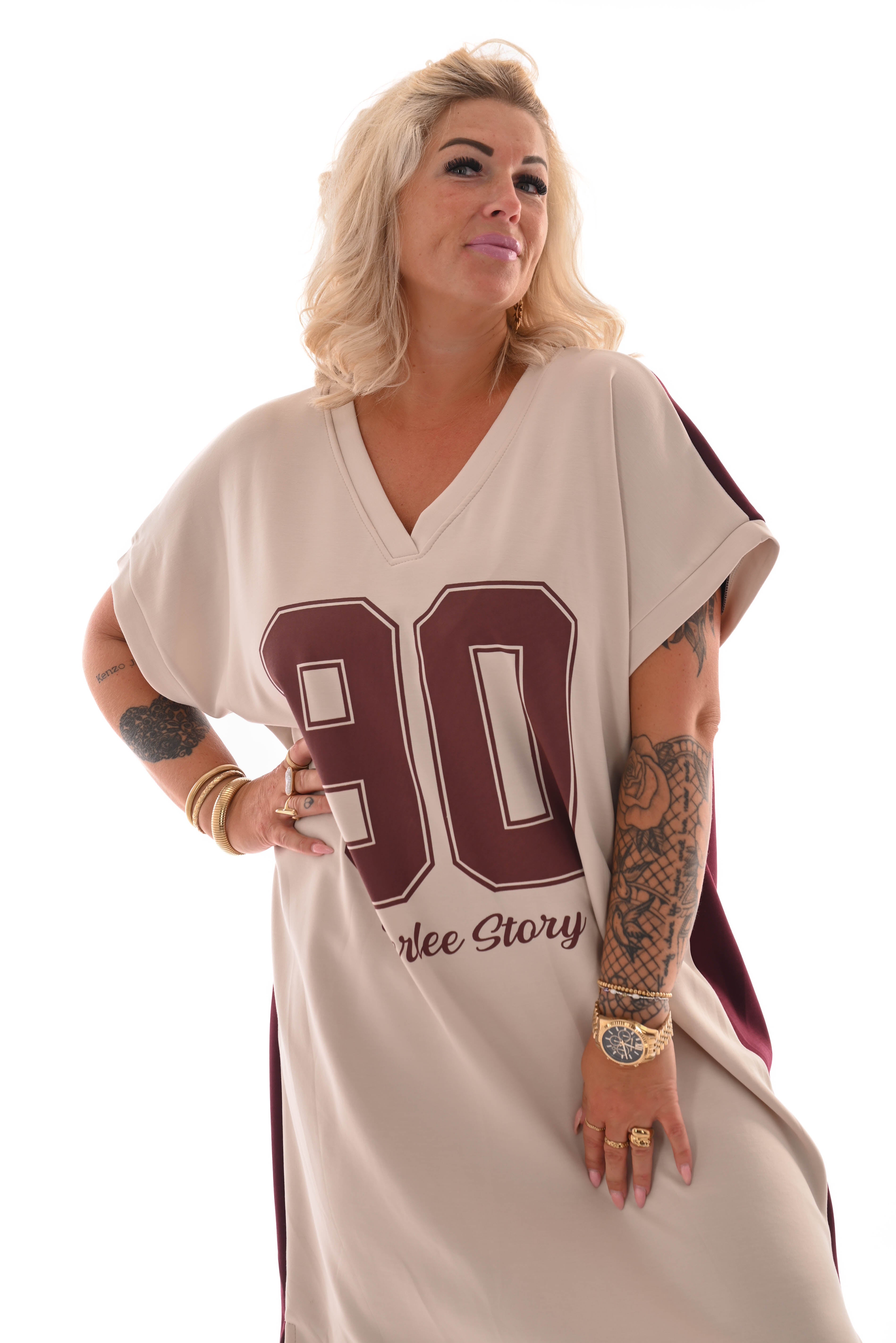 Sweaterdress v-hals 90's beige/bordeaux