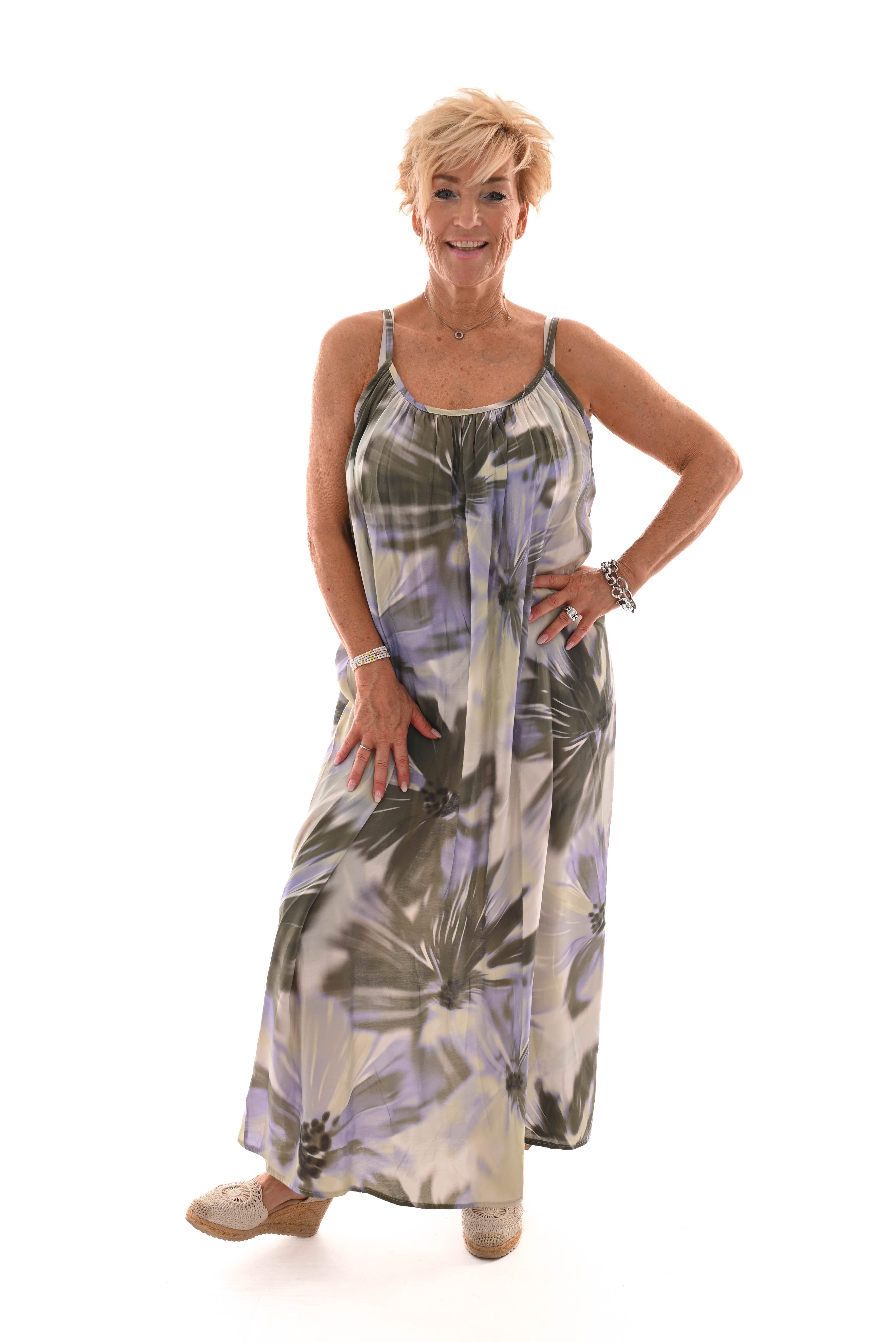 Lange jurk spaghetti bandjes print groen/lila