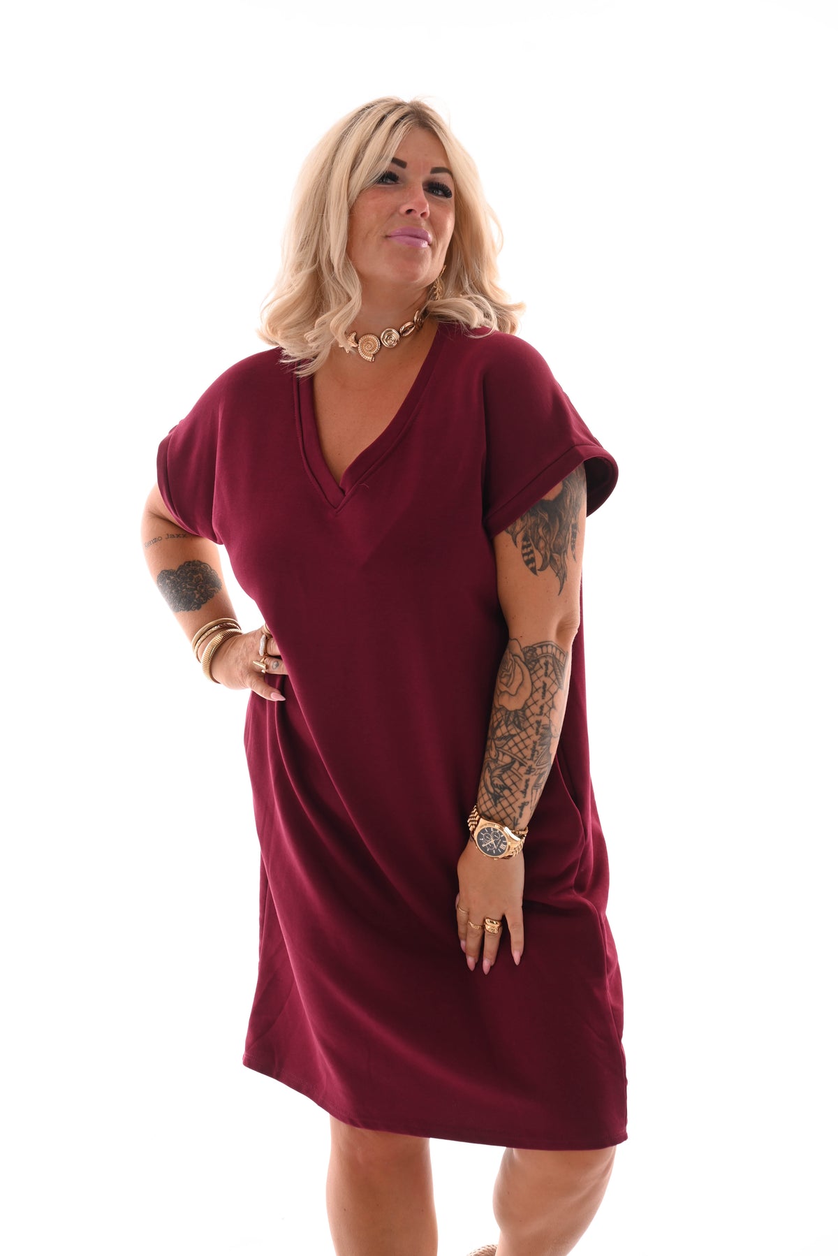 Sweaterdress v-hals korte mouwen met zakken bordeaux