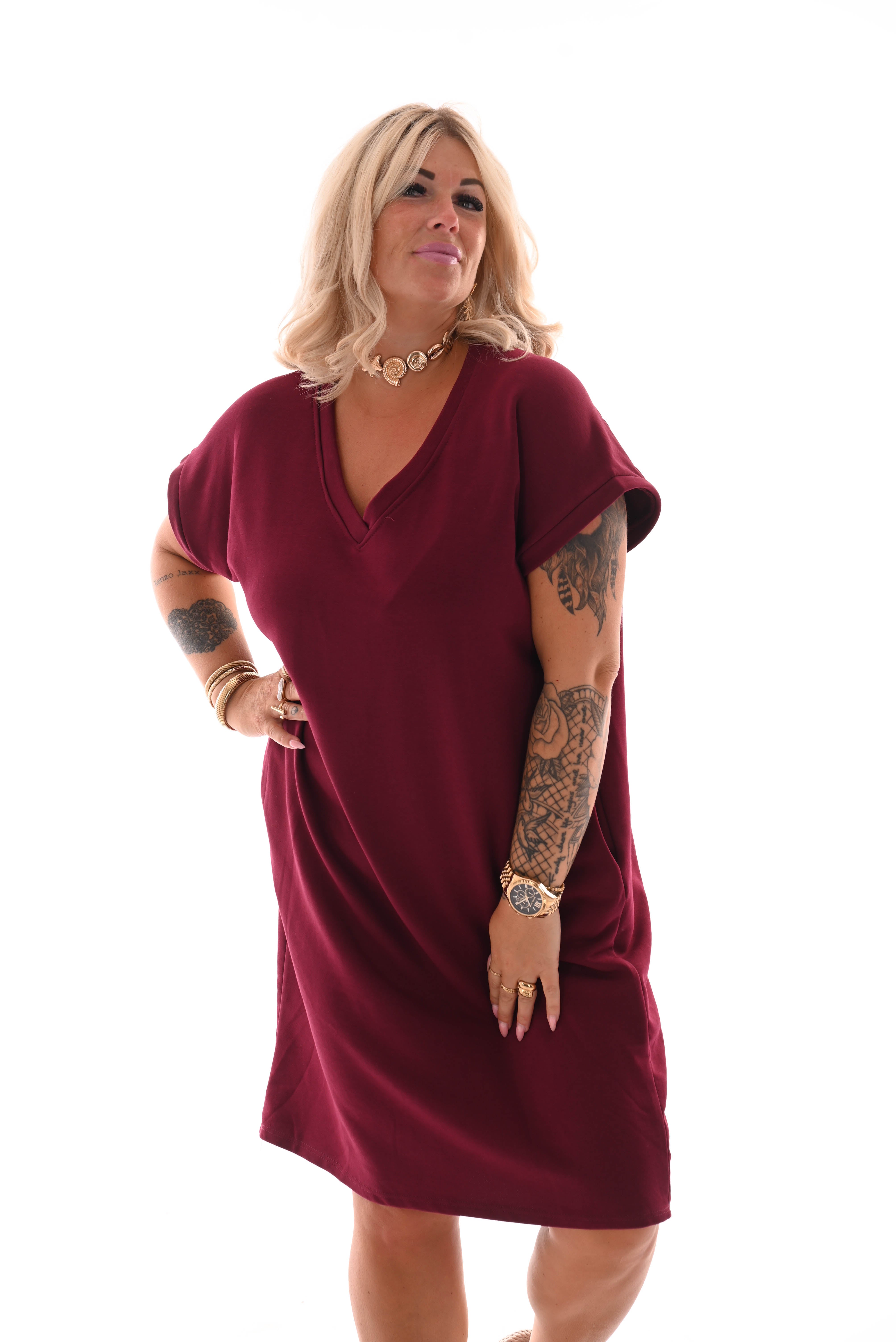 Sweaterdress v-hals korte mouwen met zakken bordeaux