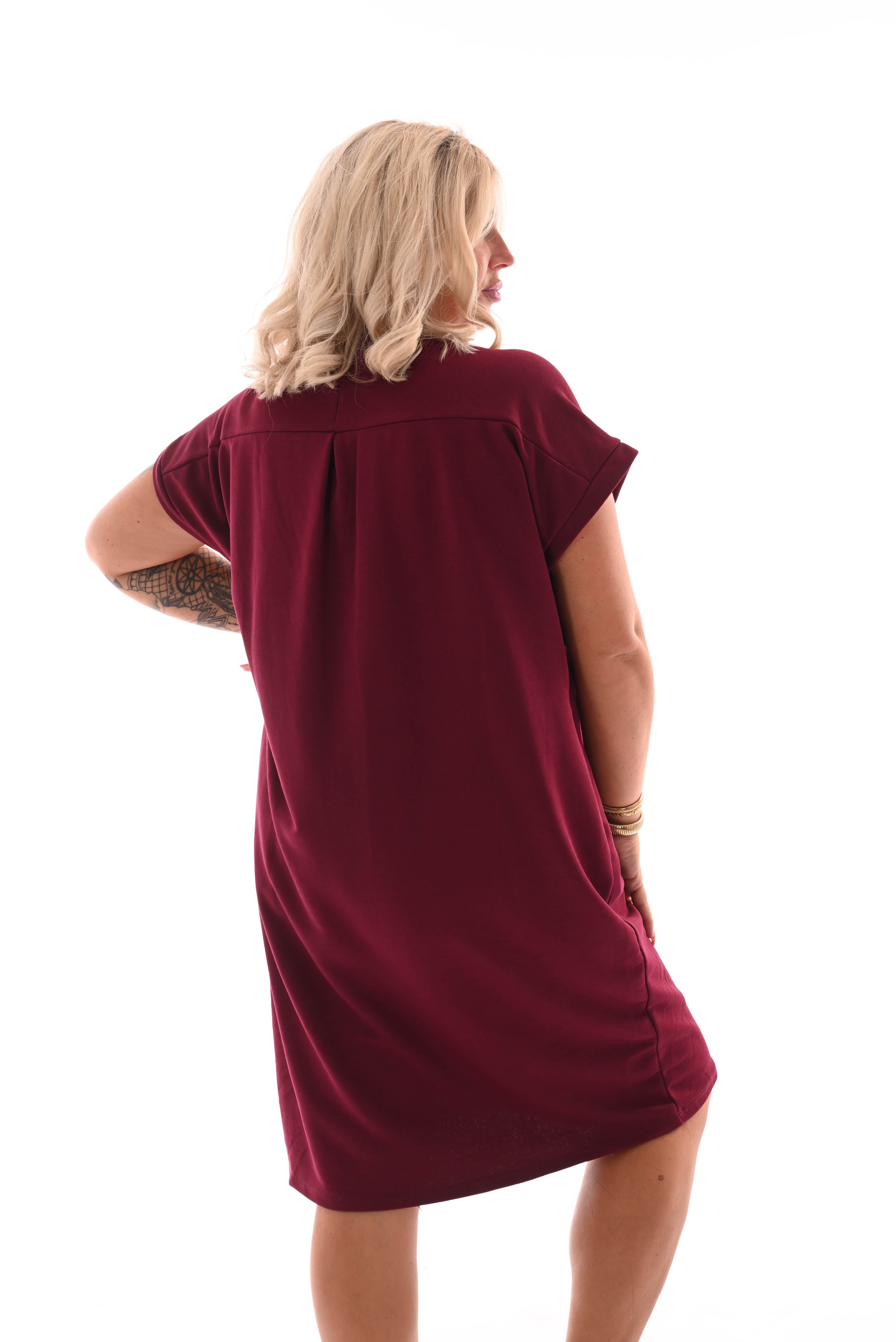 Sweaterdress v-hals korte mouwen met zakken bordeaux