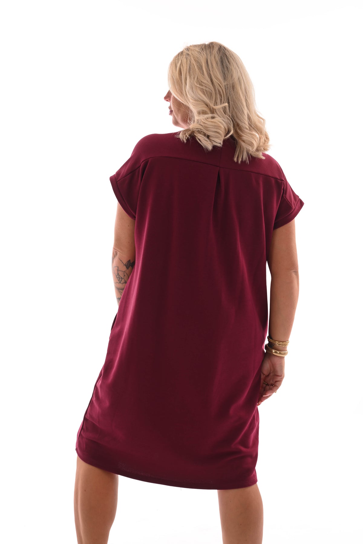 Sweaterdress v-hals korte mouwen met zakken bordeaux