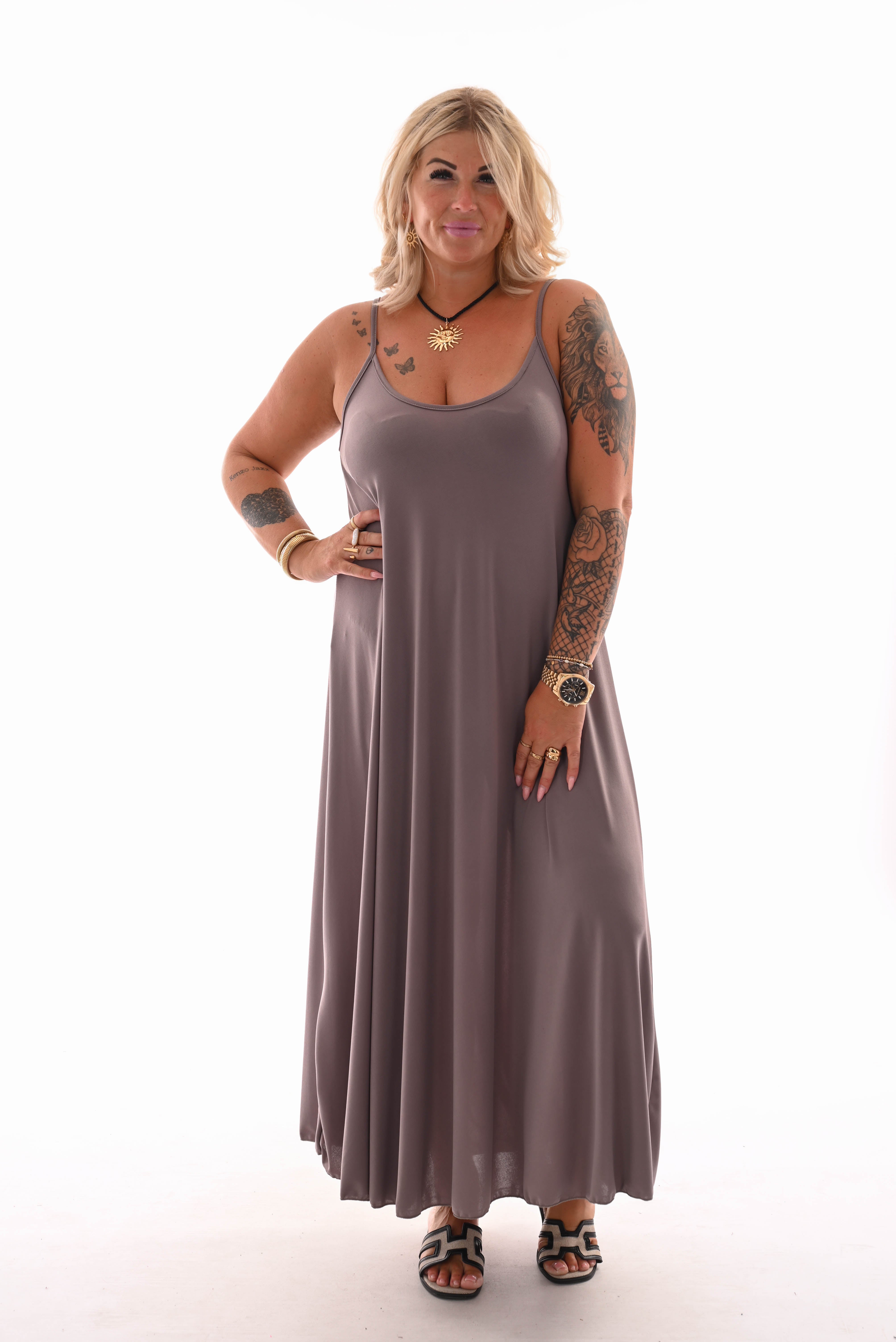 Lange jurk spaghetti bandjes uni taupe