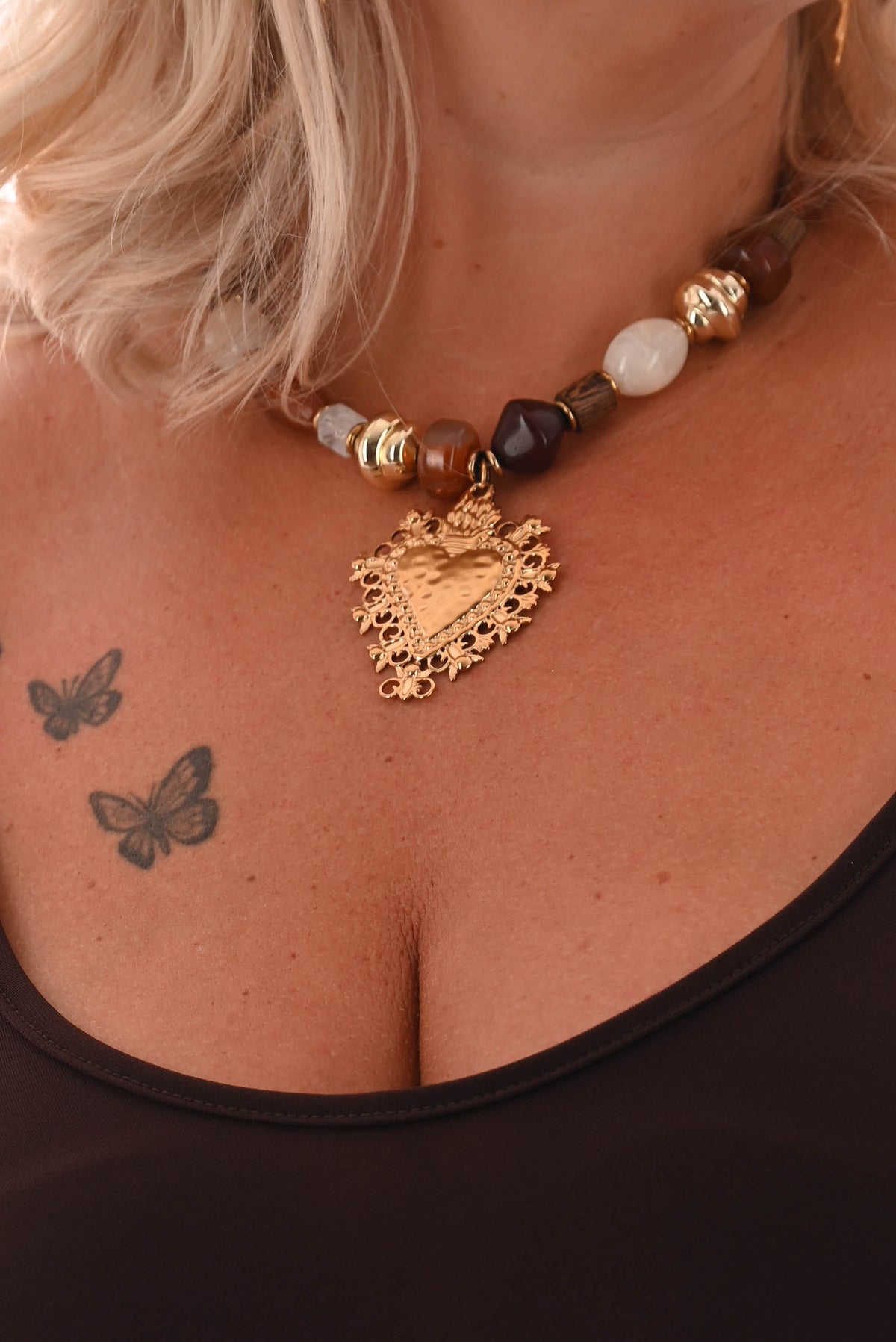 Ketting grote kralen hart bruin