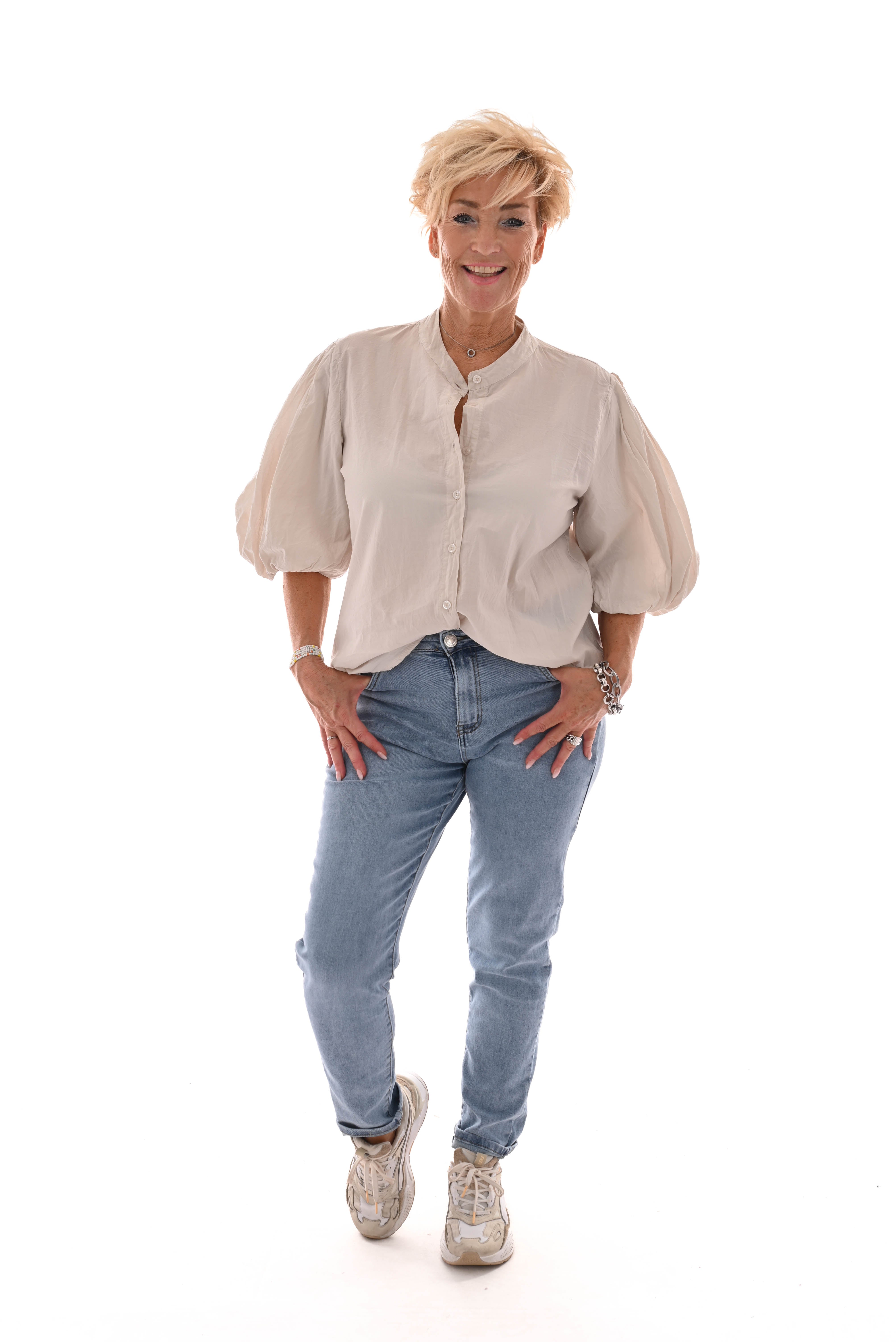 Blouse korte pofmouwen uni beige