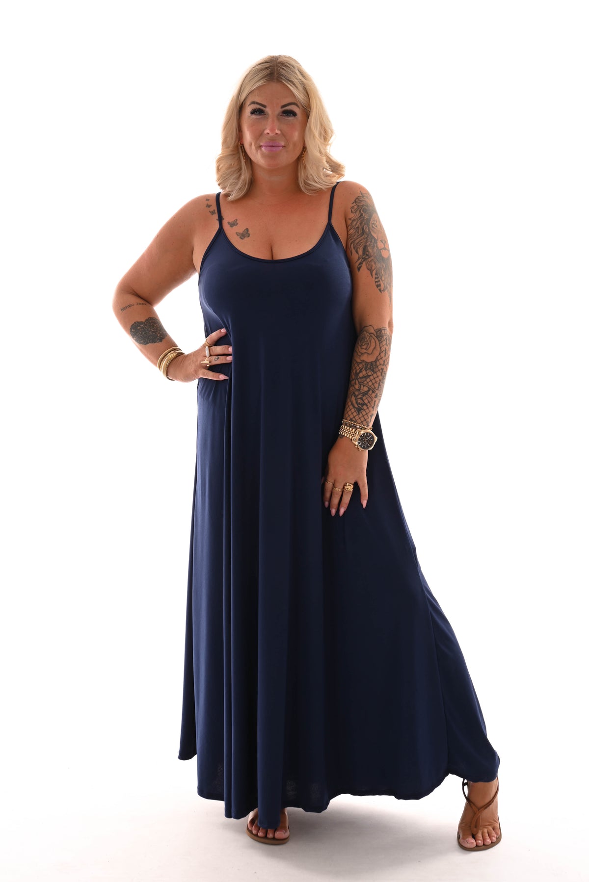 Lange jurk spaghetti bandjes uni marineblauw