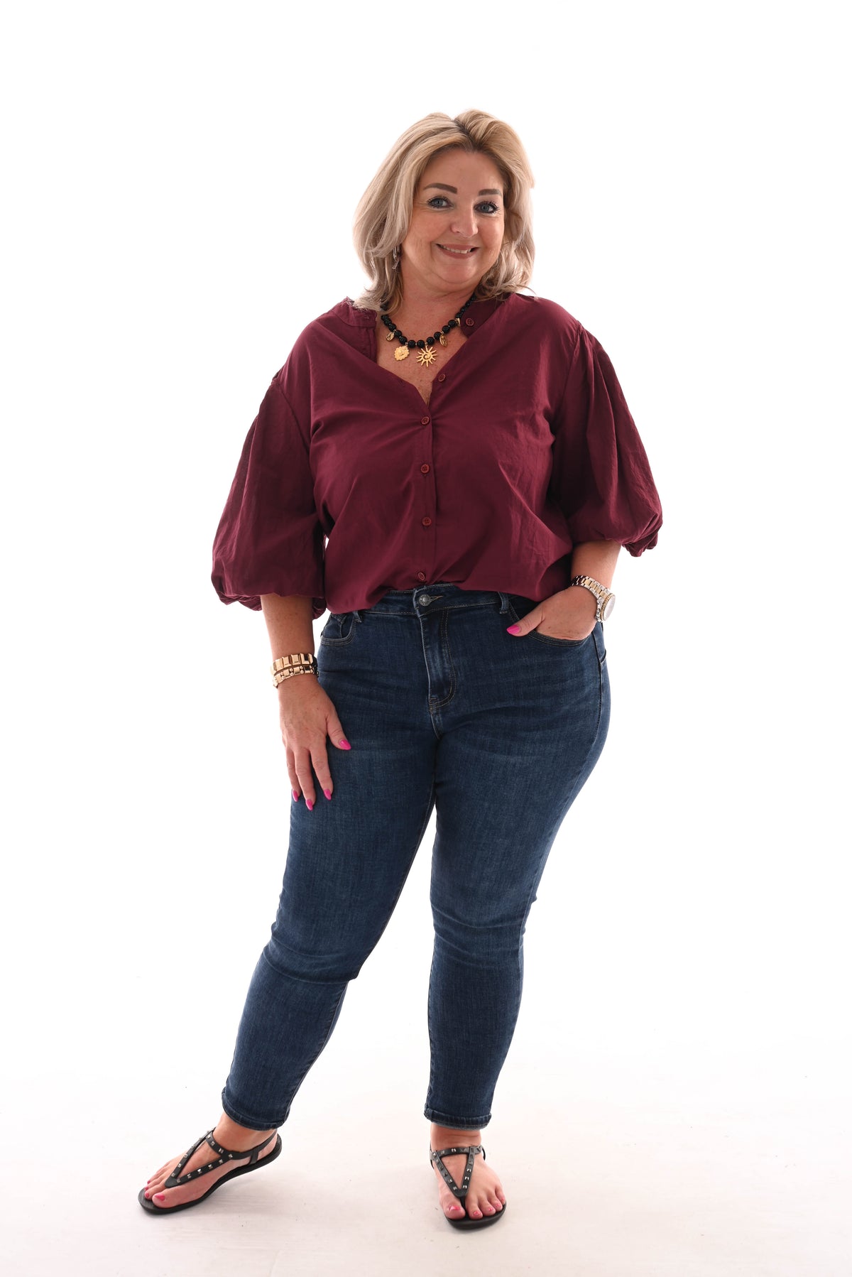 Blouse korte pofmouwen uni bordeaux