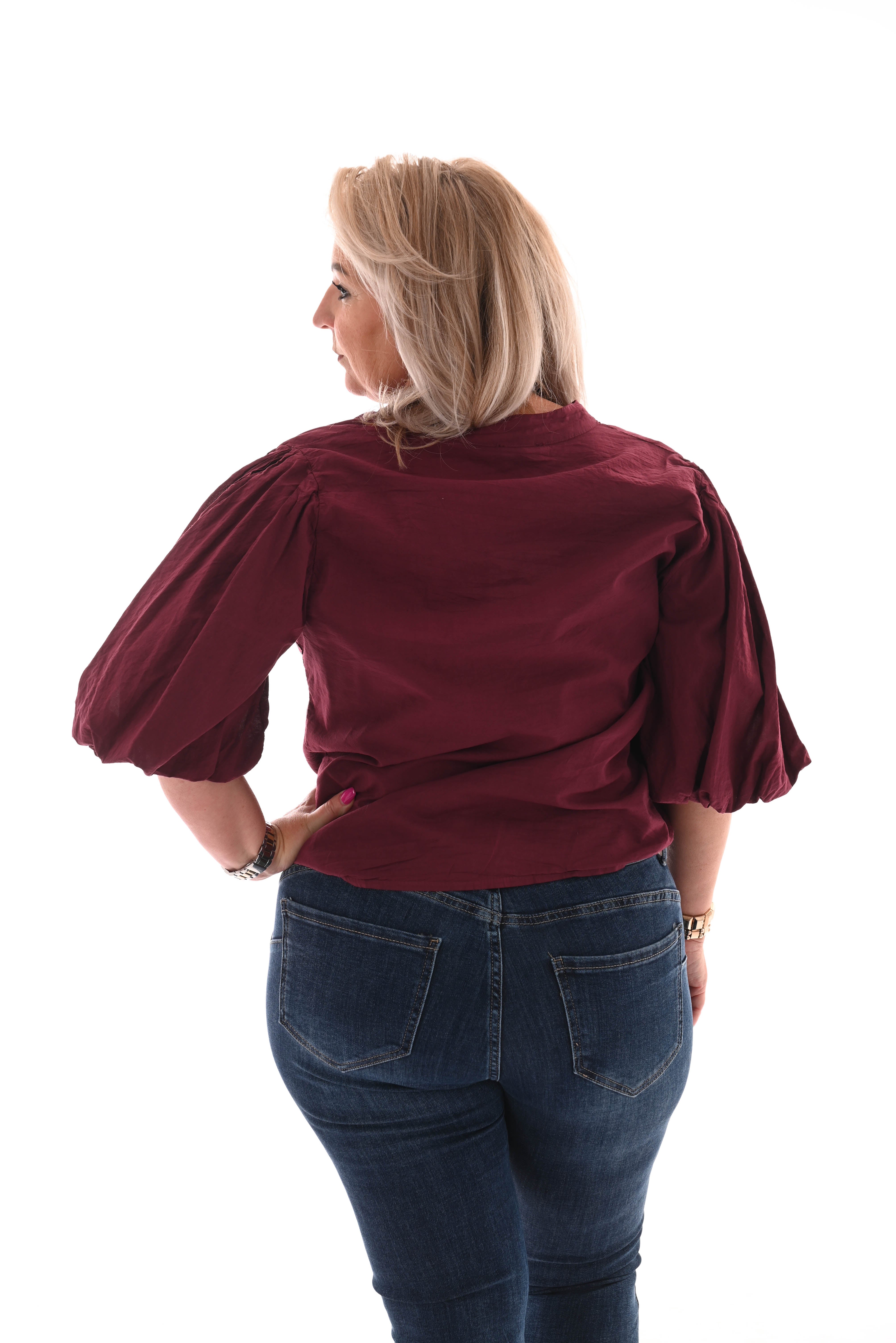 Blouse korte pofmouwen uni bordeaux