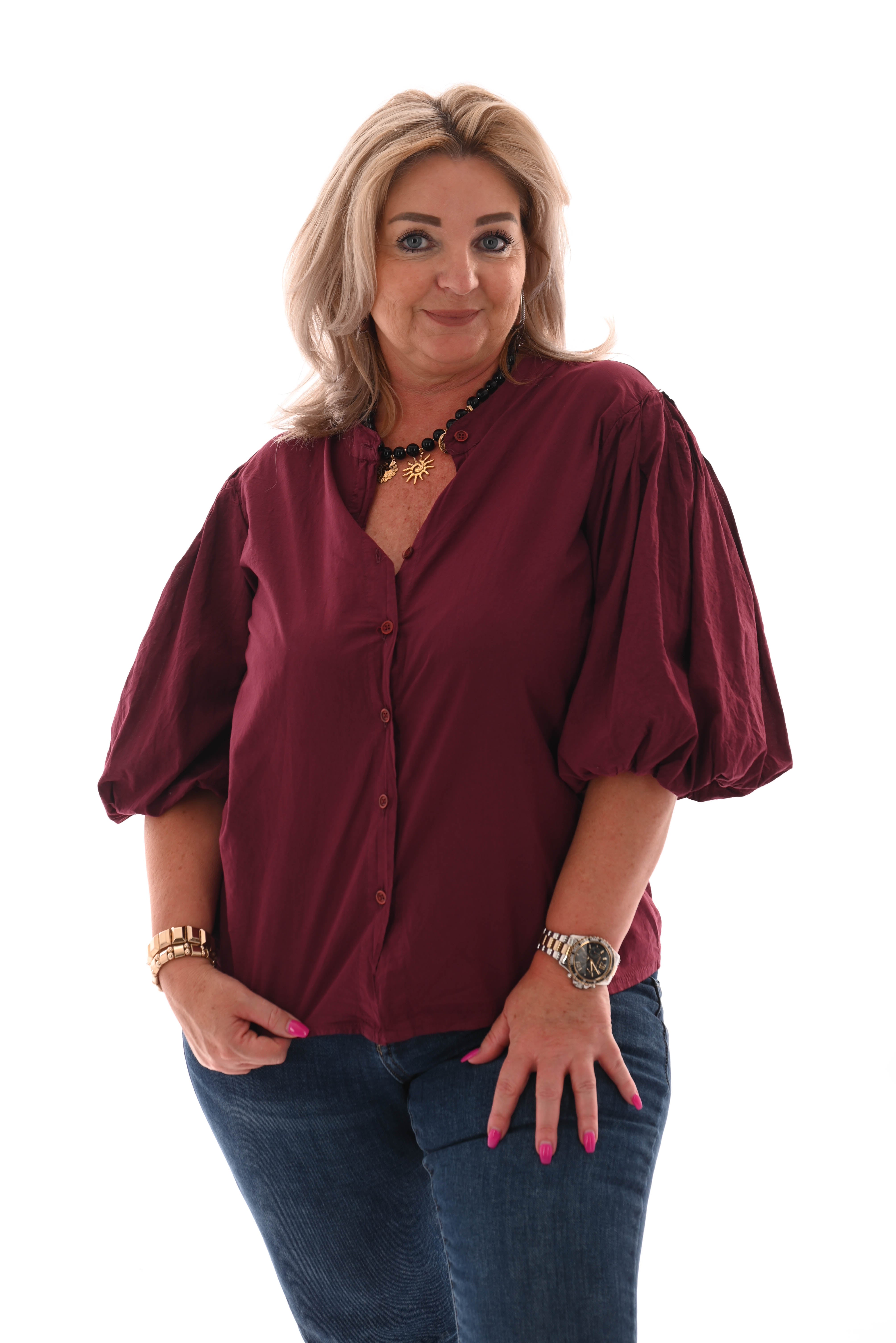 Blouse korte pofmouwen uni bordeaux