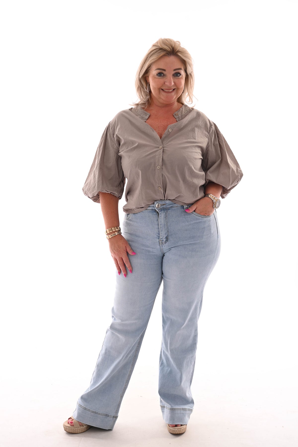 Blouse korte pofmouwen uni taupe