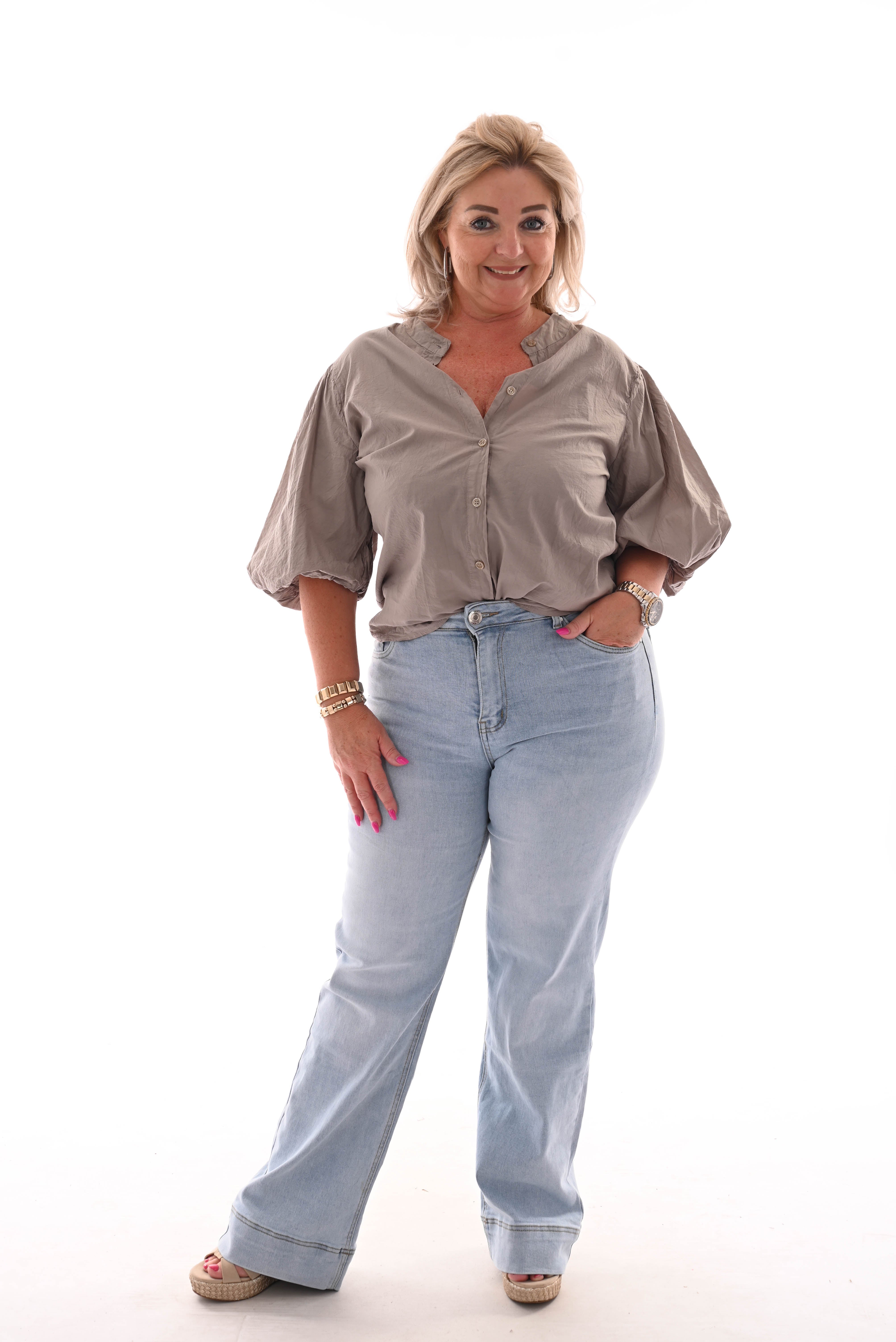 Blouse korte pofmouwen uni taupe