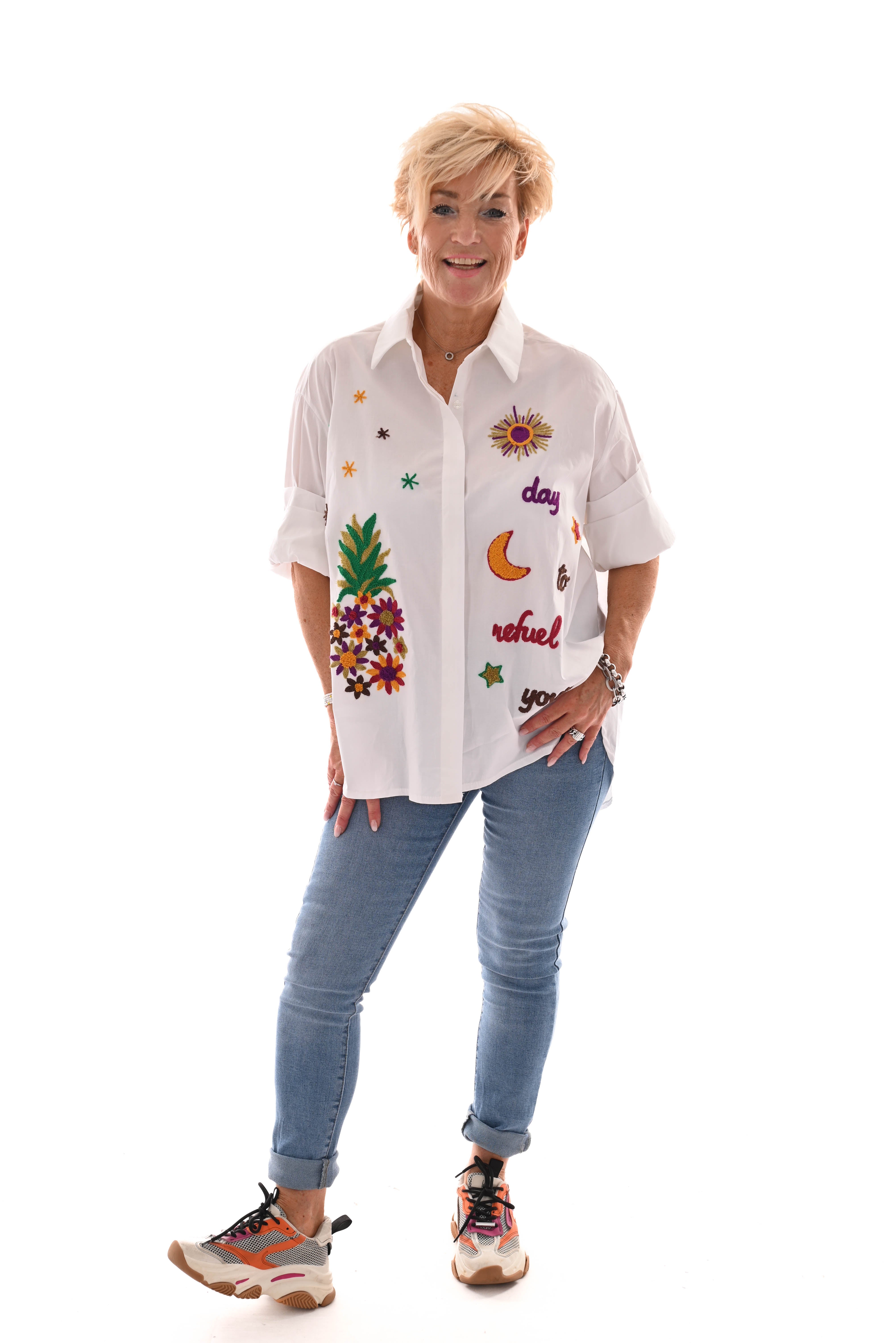 Blouse korte mouwen teddy applicatie wit