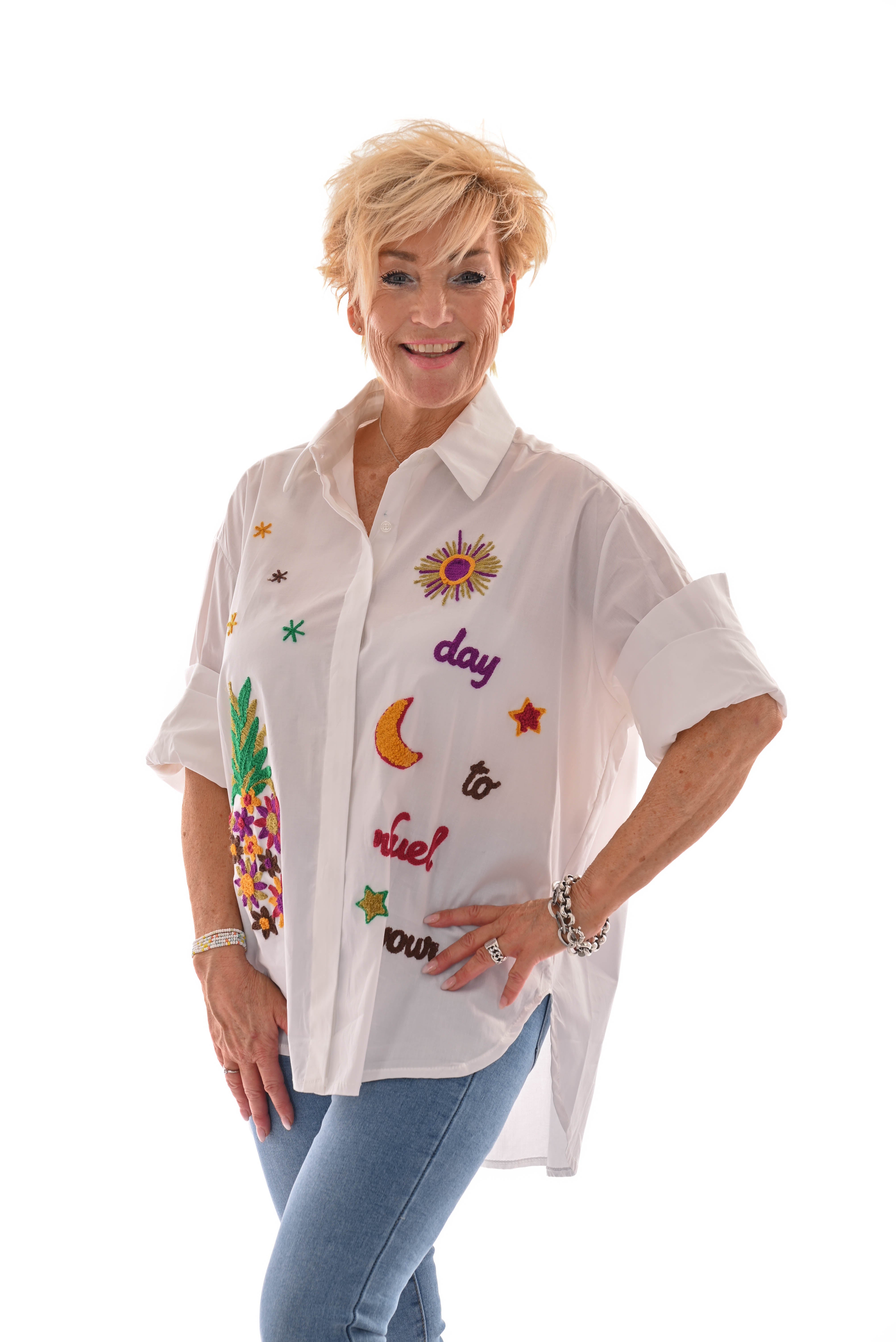 Blouse korte mouwen teddy applicatie wit