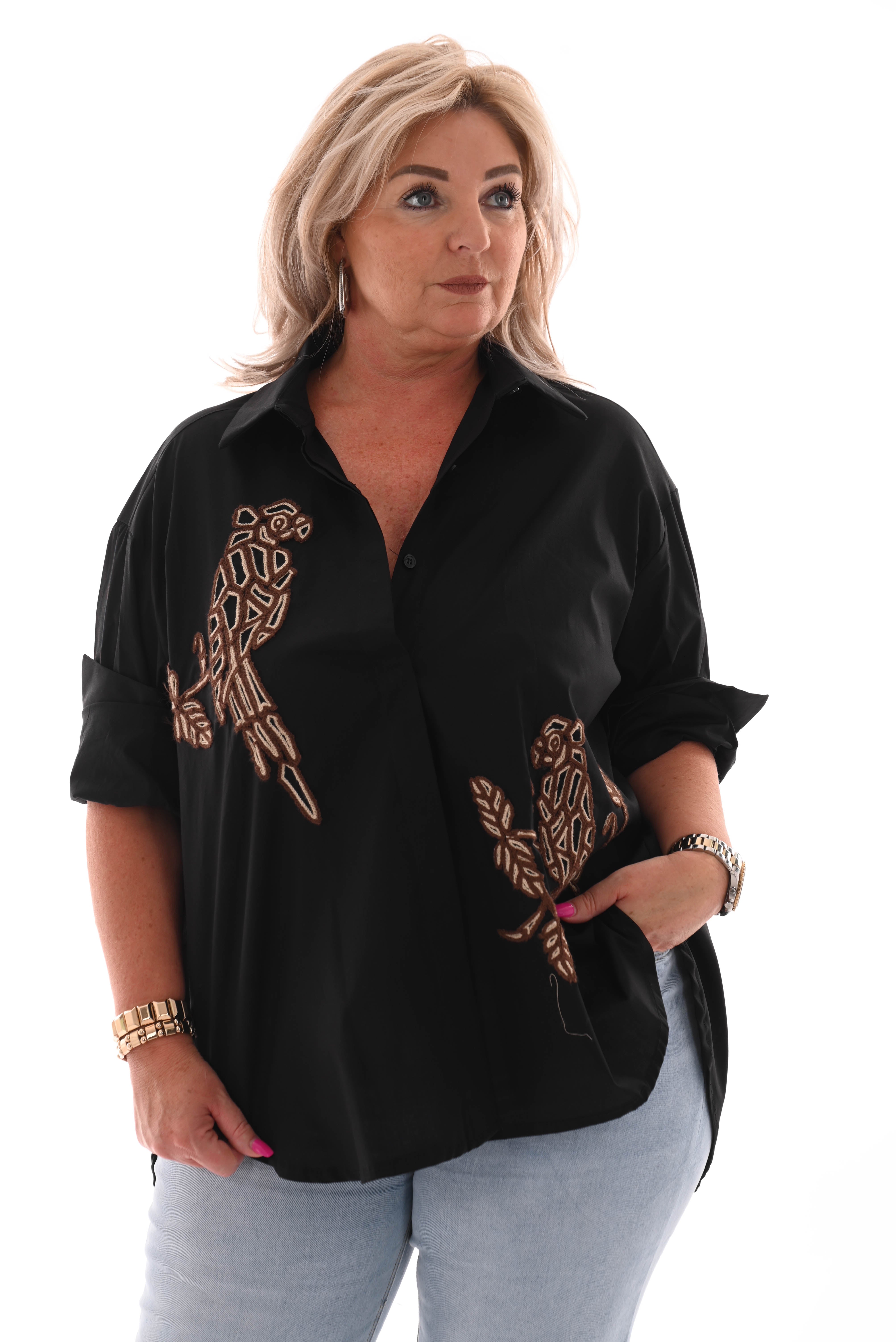 Blouse korte mouwen papegaai zwart