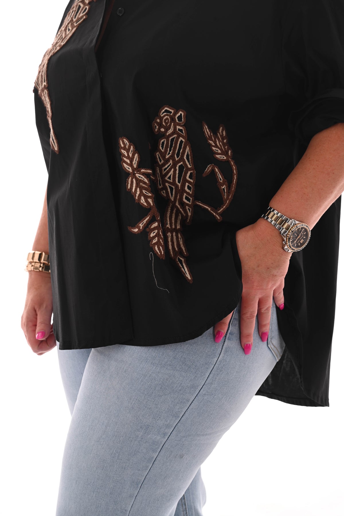 Blouse korte mouwen papegaai zwart