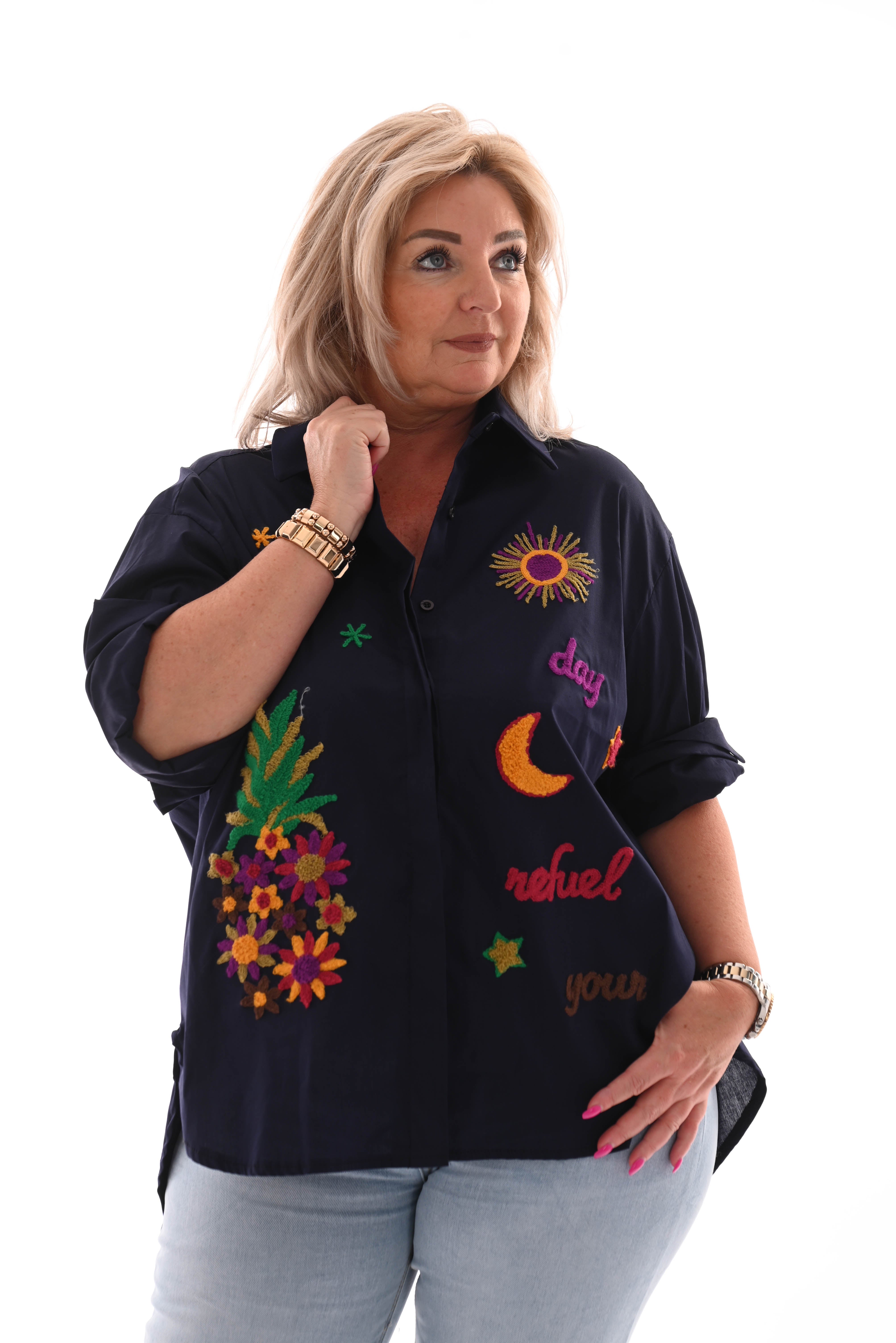 Blouse korte mouwen teddy applicatie marineblauw