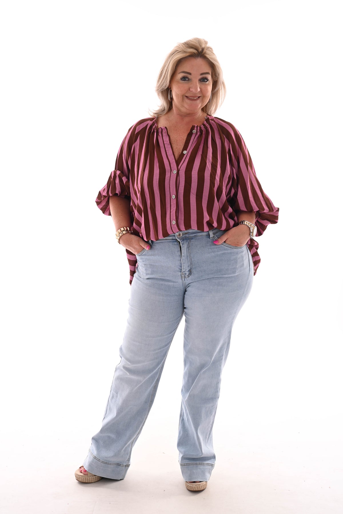 Blouse strepen korte pofmouwen bruin/roze