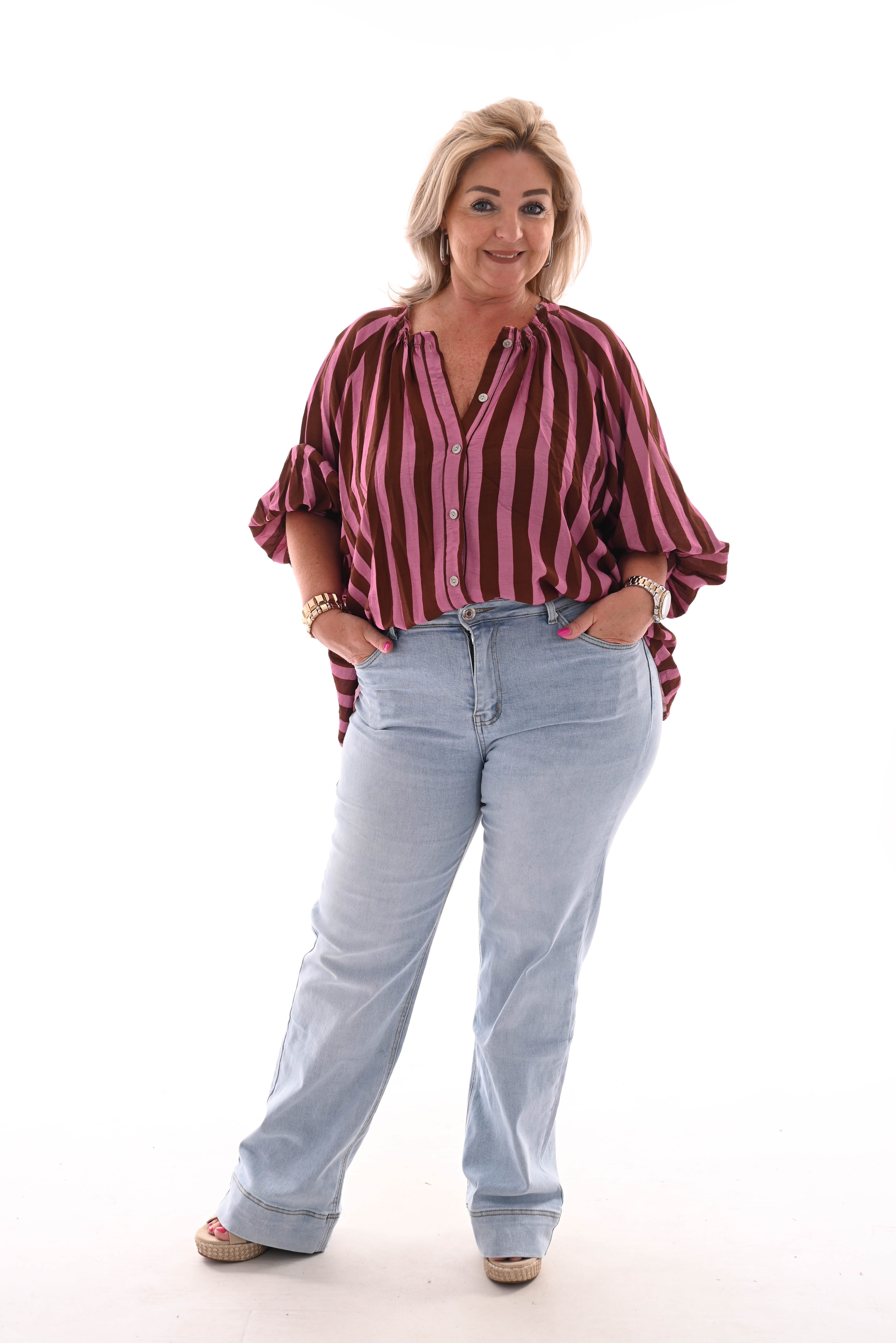 Blouse strepen korte pofmouwen bruin/roze